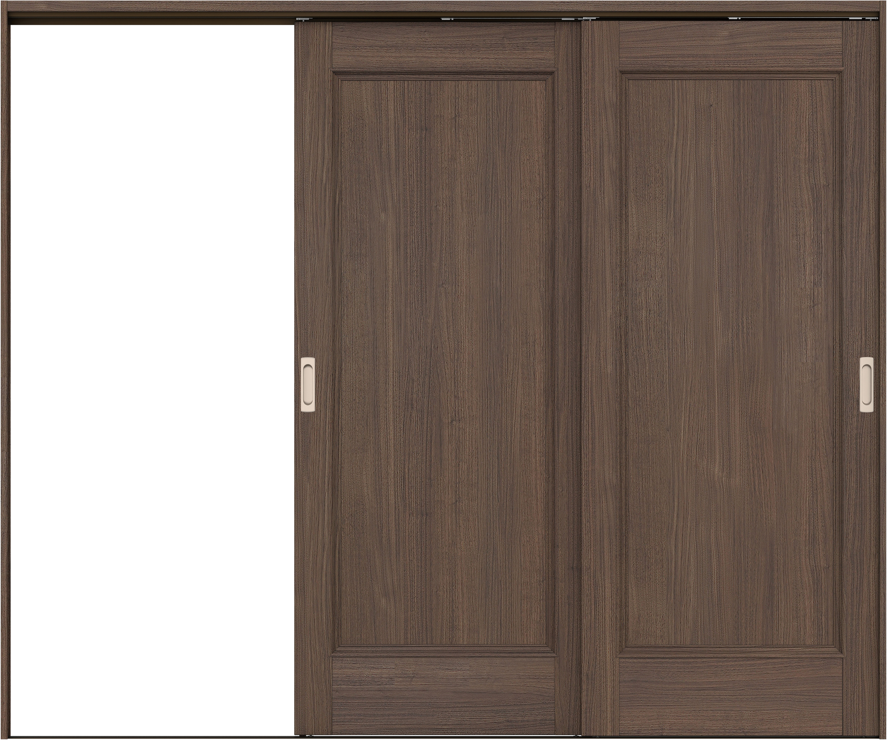 リビングドア　イエリア　吊戸・２枚片引　扉セット　Ｍ５デザイン　２４３７幅用　２０００高　〈ダルブラウン柄〉　左引用　錠なし　ラクラクローズ付用