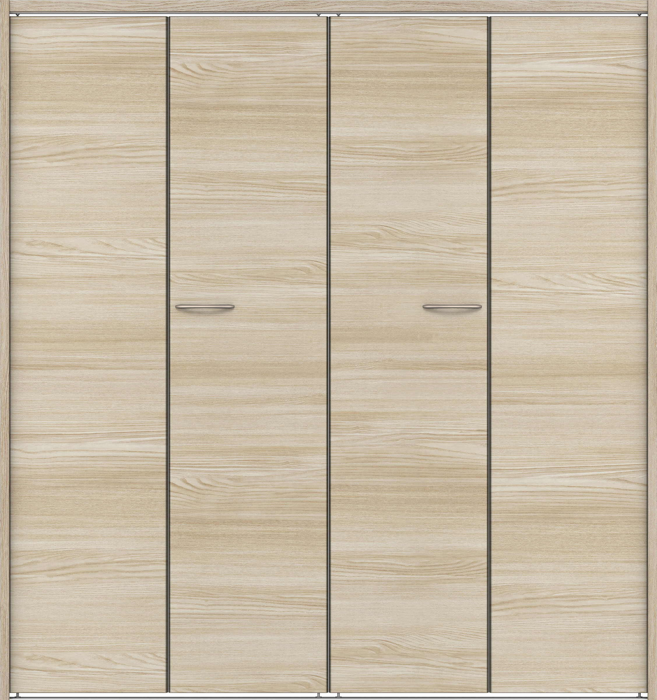 クローク収納　イエリア　折戸ユニット　フラット横木目タイプ　ウッド扉　下レール付三方枠（固定枠）　セット　１６８０幅（６尺間口）　１７９０高　〈ソフトグレージュ柄〉　ハンドルラウンド型〈Ｔシルバー色〉