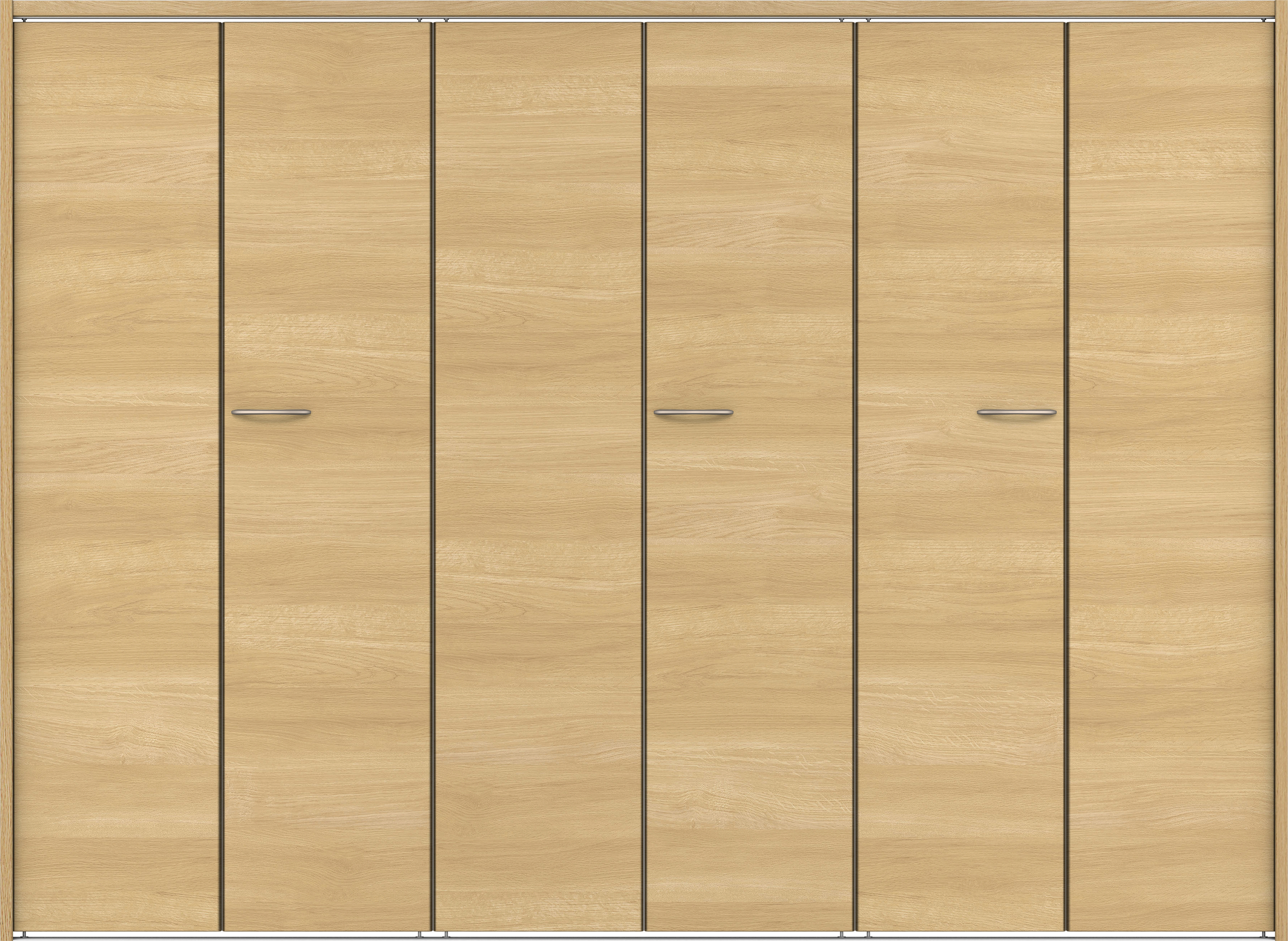 クローク収納　イエリア　折戸ユニット　フラット横木目タイプ　ウッド扉　下レール付三方枠（固定枠）　セット　２４５０幅（９尺間口）　１７９０高　〈ライトオーカー柄〉　ハンドルラウンド型〈Ｔシルバー色〉