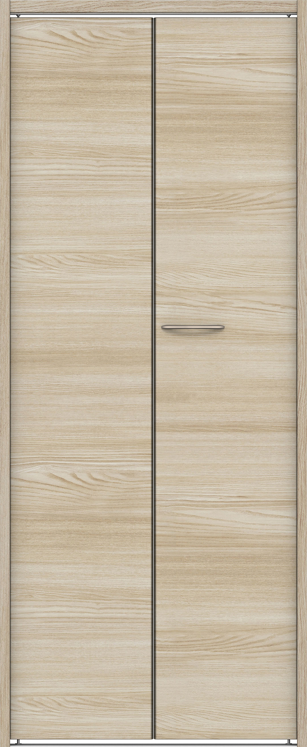 クローク収納　イエリア　折戸ユニット　フラット横木目タイプ　ウッド扉　下レール付三方枠（固定枠）　セット　７３５幅（３尺間口）　１７９０高　〈ソフトグレージュ柄〉　ハンドルラウンド型〈Ｔシルバー色〉