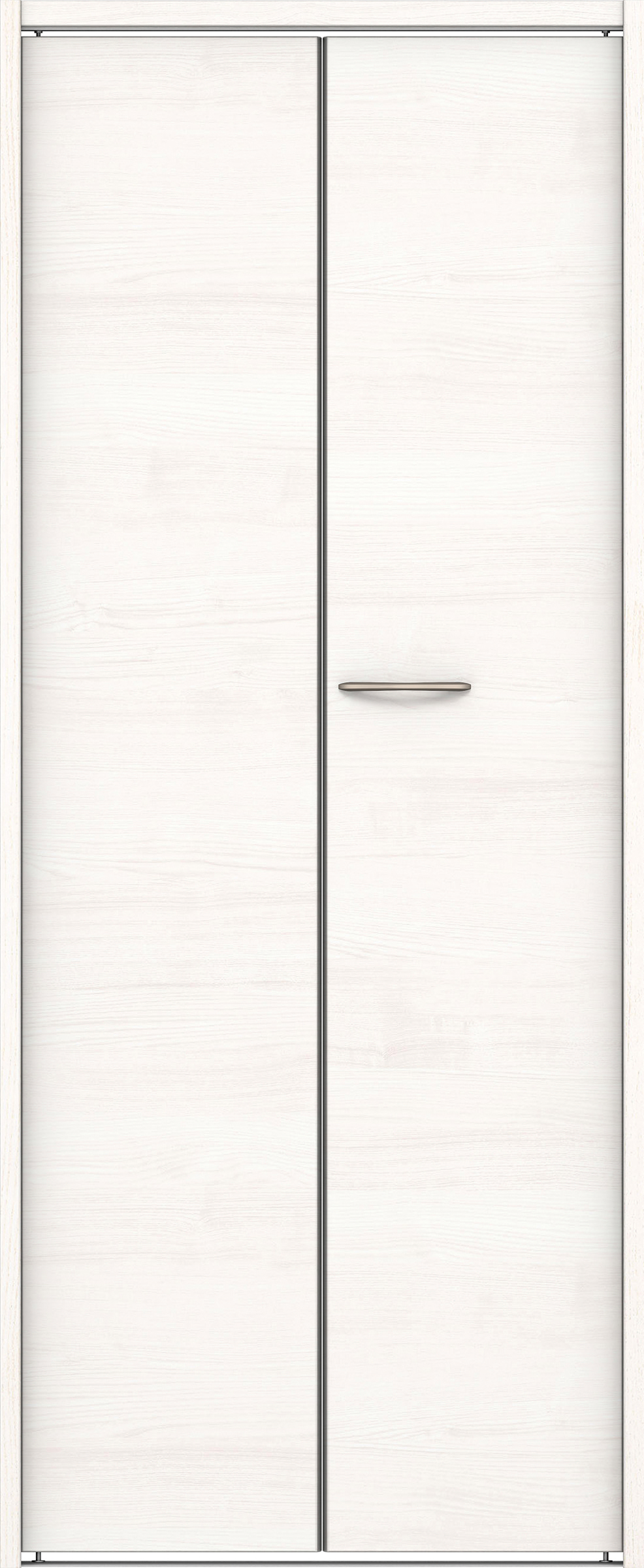 クローク収納　イエリア　折戸ユニット　フラット横木目タイプ　ウッド扉　下レール付三方枠（固定枠）　セット　７３５幅（３尺間口）　１７９０高　〈ネオホワイト柄〉　ハンドルラウンド型〈Ｔシルバー色〉