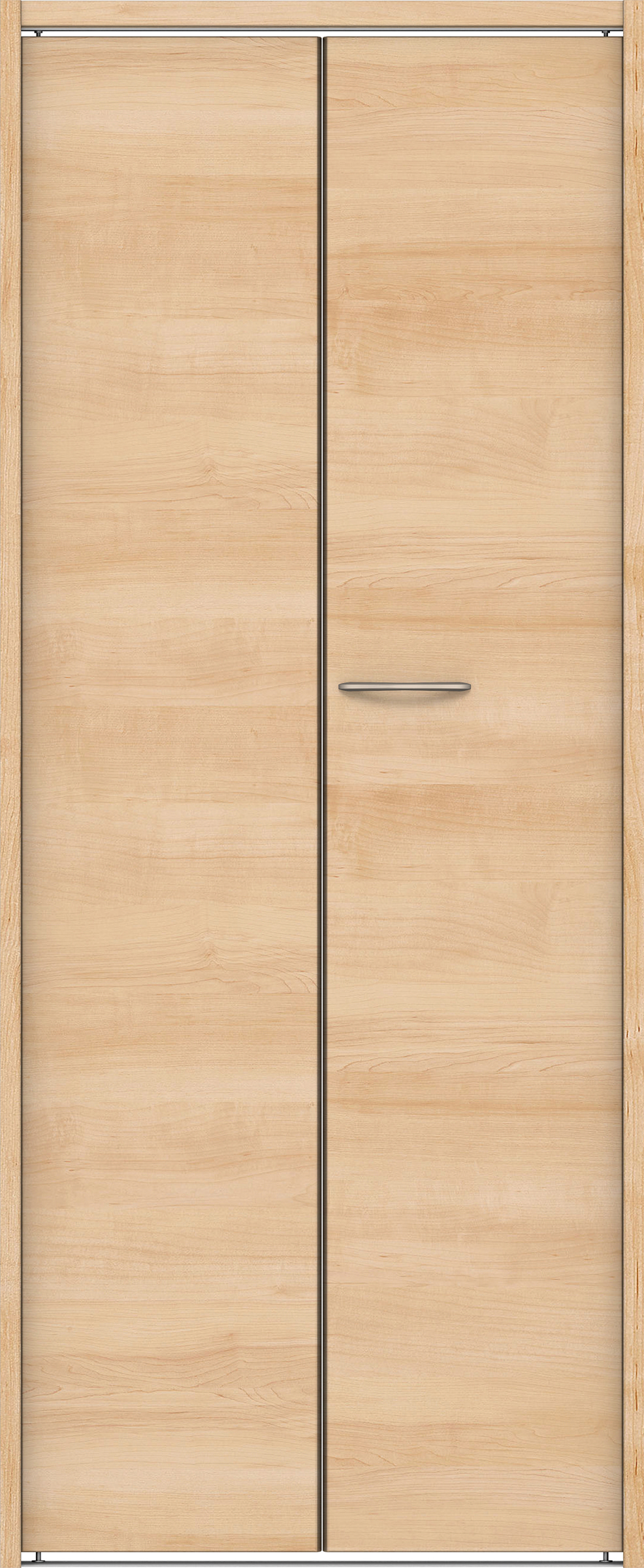 クローク収納　イエリア　折戸ユニット　フラット横木目タイプ　ウッド扉　下レール付三方枠（固定枠）　セット　７３５幅（３尺間口）　１７９０高　〈ミルベージュ柄〉　ハンドルラウンド型〈Ｔシルバー色〉