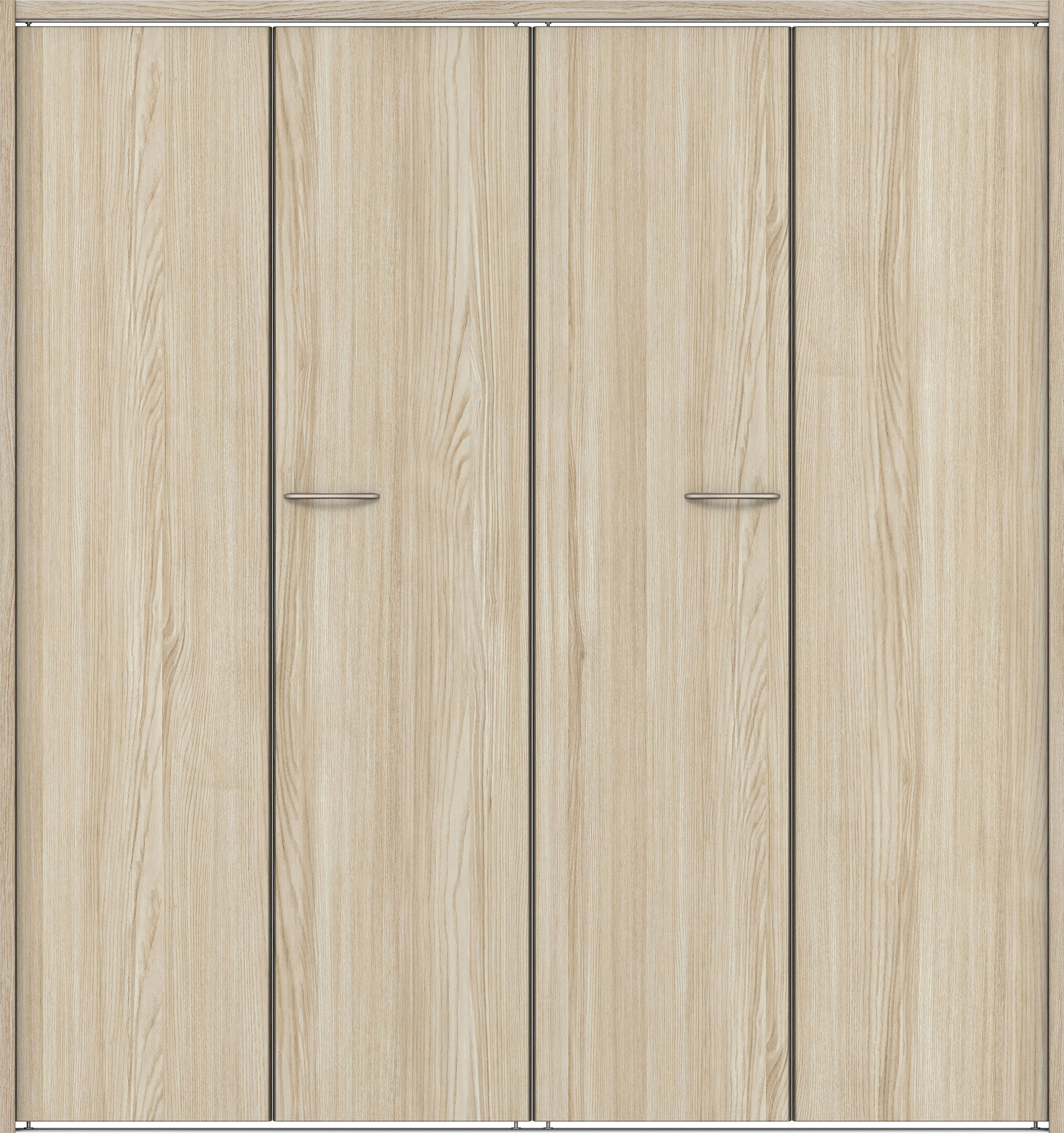 クローク収納　イエリア　折戸ユニット　フラット縦木目タイプ　ウッド扉　下レール付三方枠（固定枠）　セット　１６８０幅（６尺間口）　１７９０高　〈ソフトグレージュ柄〉　ハンドルラウンド型〈Ｔシルバー色〉