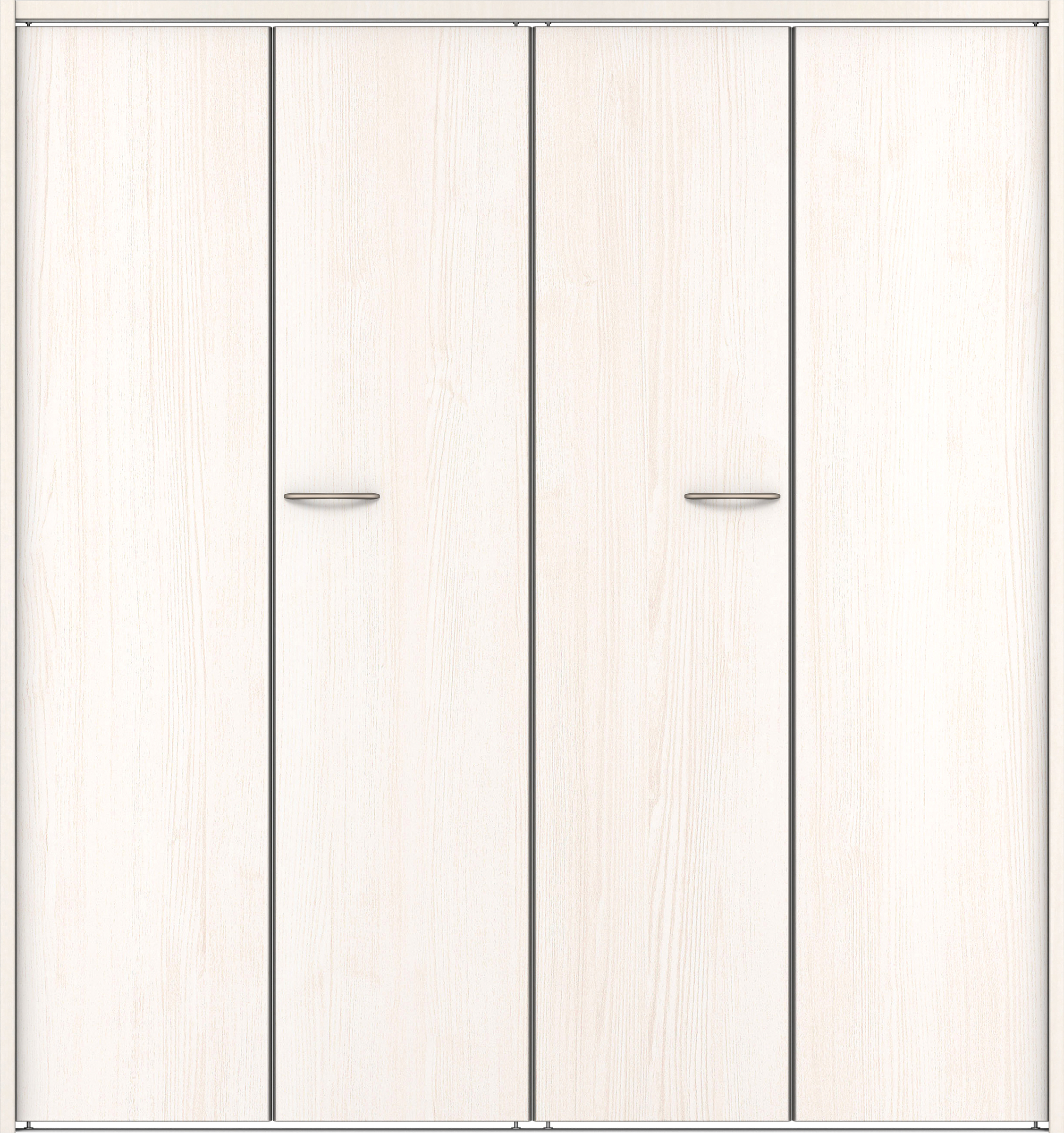 クローク収納　イエリア　折戸ユニット　フラット縦木目タイプ　ウッド扉　下レール付三方枠（固定枠）　セット　１６８０幅（６尺間口）　１７９０高　〈ネオホワイト柄〉　ハンドルラウンド型〈Ｔシルバー色〉