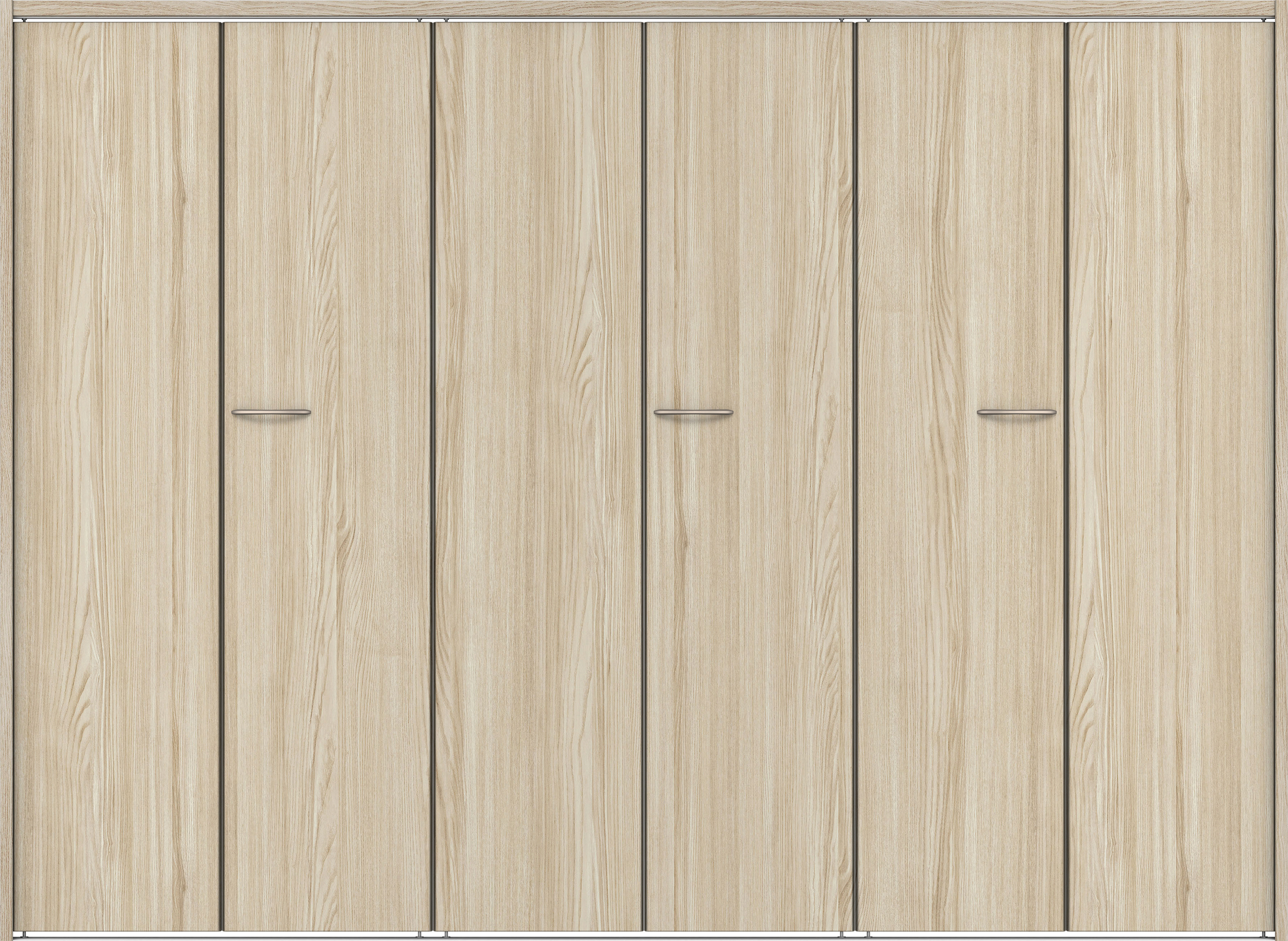 クローク収納　イエリア　折戸ユニット　フラット縦木目タイプ　ウッド扉　下レール付三方枠（固定枠）　セット　２４５０幅（９尺間口）　１７９０高　〈ソフトグレージュ柄〉　ハンドルラウンド型〈Ｔシルバー色〉