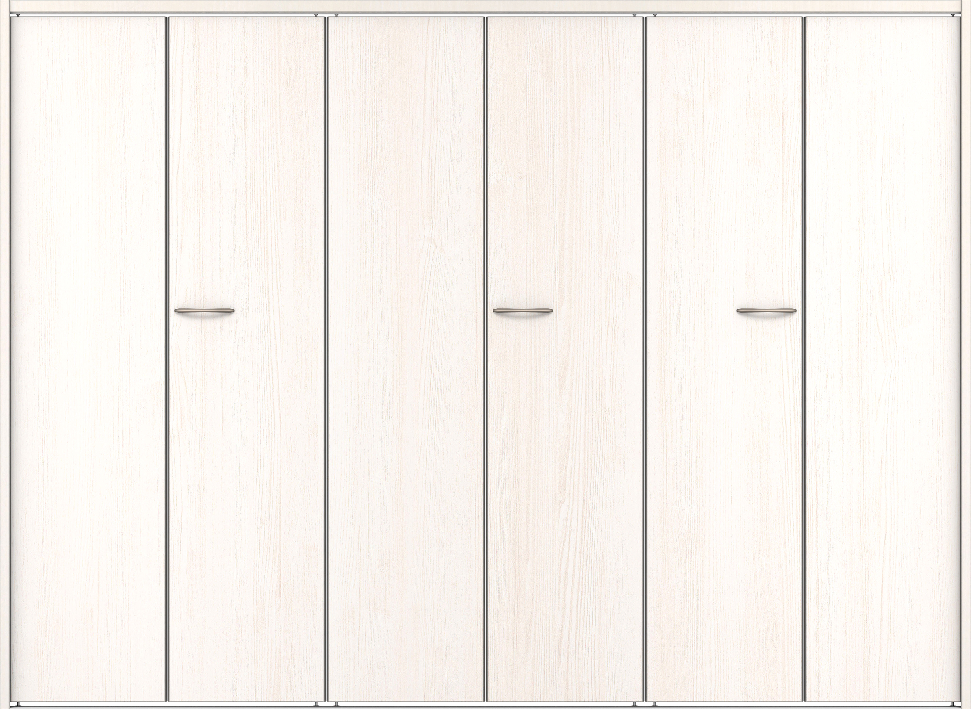 クローク収納　イエリア　折戸ユニット　フラット縦木目タイプ　ウッド扉　下レール付三方枠（固定枠）　セット　２４５０幅（９尺間口）　１７９０高　〈ネオホワイト柄〉　ハンドルラウンド型〈Ｔシルバー色〉