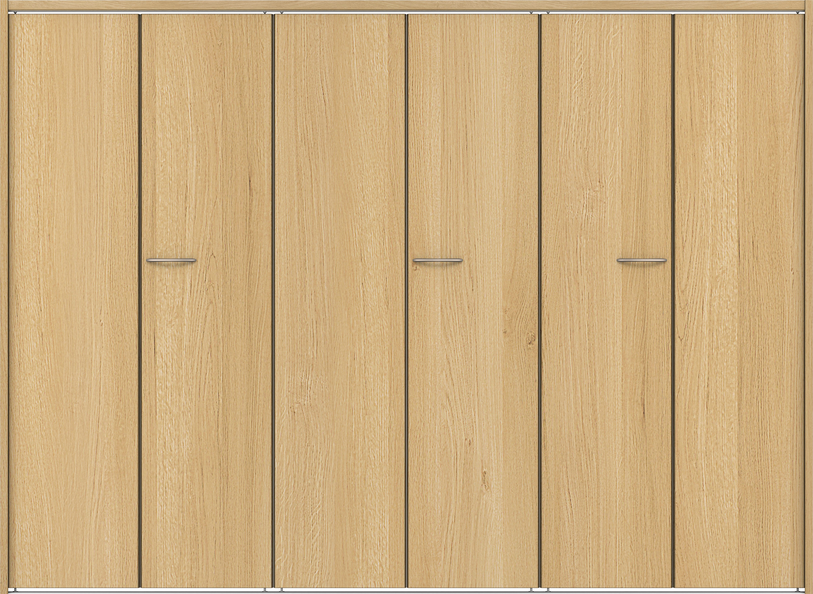 クローク収納　イエリア　折戸ユニット　フラット縦木目タイプ　ウッド扉　下レール付三方枠（固定枠）　セット　２４５０幅（９尺間口）　１７９０高　〈ライトオーカー柄〉　ハンドルラウンド型〈Ｔシルバー色〉