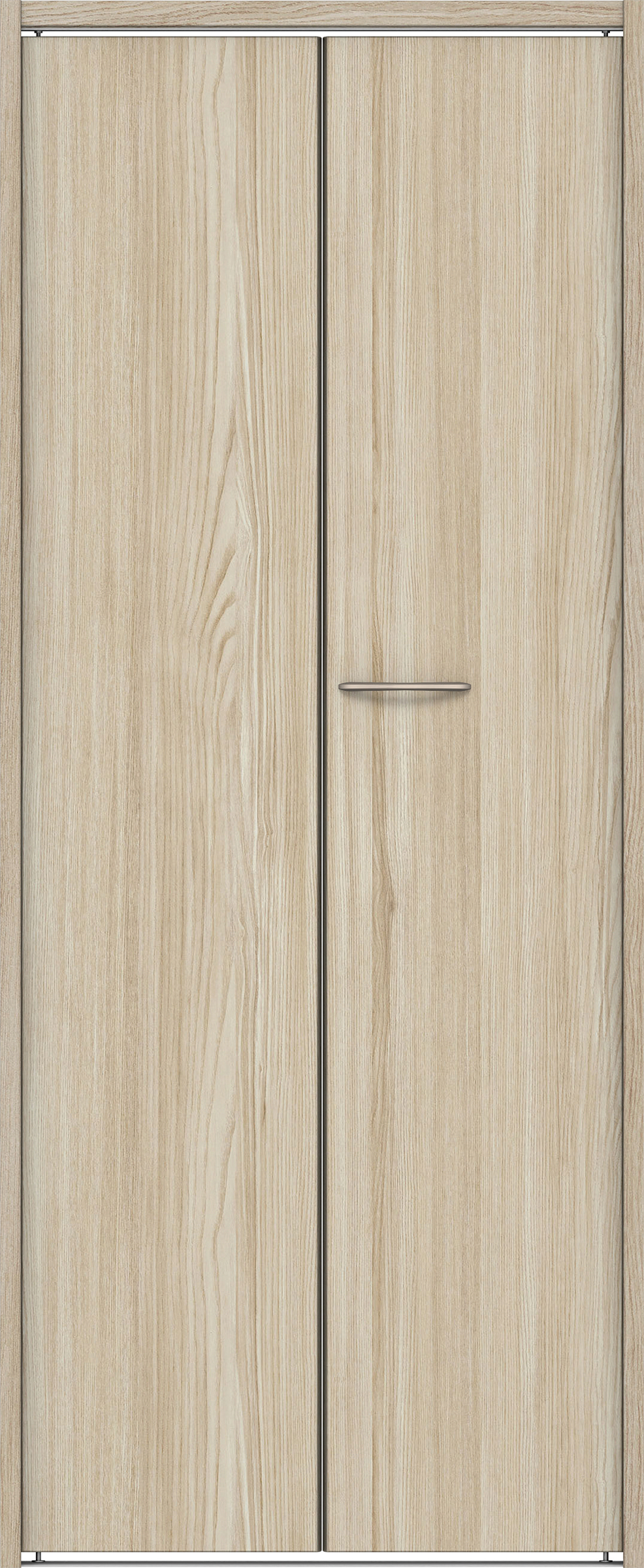 クローク収納　イエリア　折戸ユニット　フラット縦木目タイプ　ウッド扉　下レール付三方枠（固定枠）　セット　７３５幅（３尺間口）　１７９０高　〈ソフトグレージュ柄〉　ハンドルラウンド型〈Ｔシルバー色〉