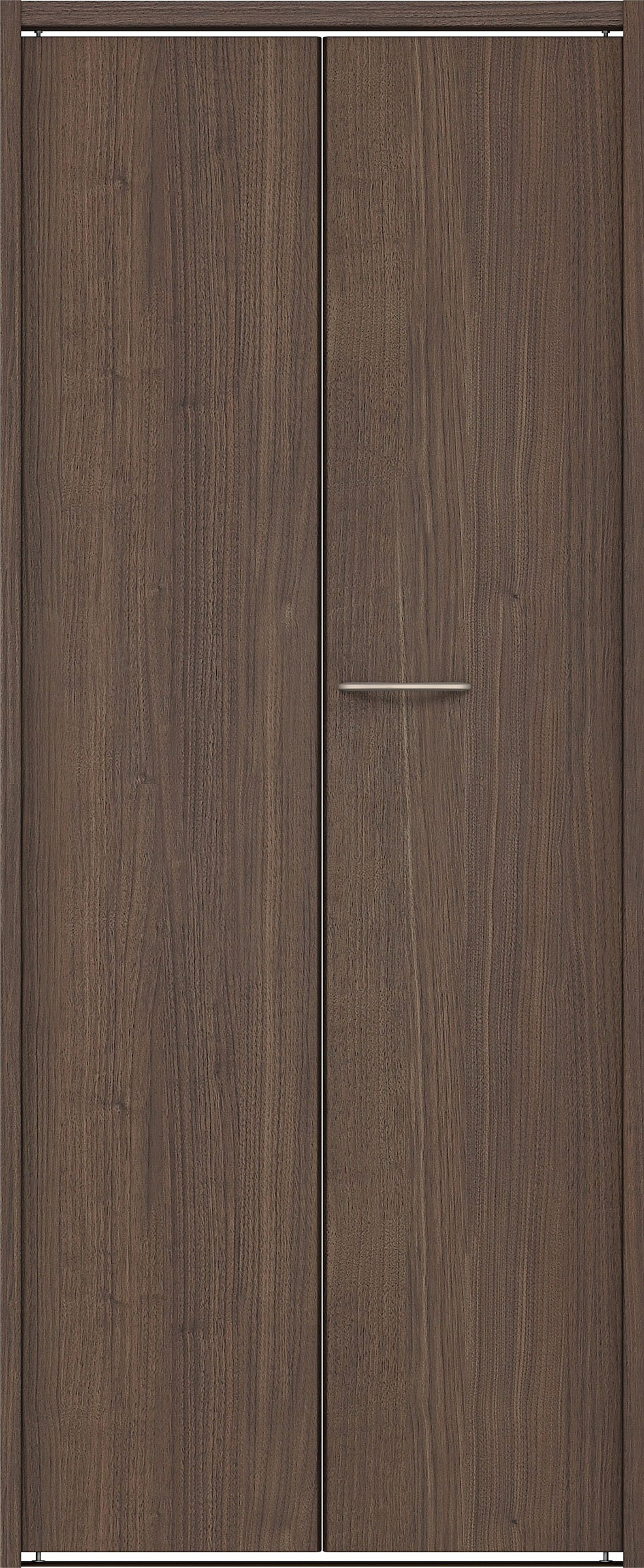 クローク収納　イエリア　折戸ユニット　フラット縦木目タイプ　ウッド扉　下レール付三方枠（固定枠）　セット　７３５幅（３尺間口）　１７９０高　〈ダルブラウン柄〉　ハンドルラウンド型〈Ｔシルバー色〉