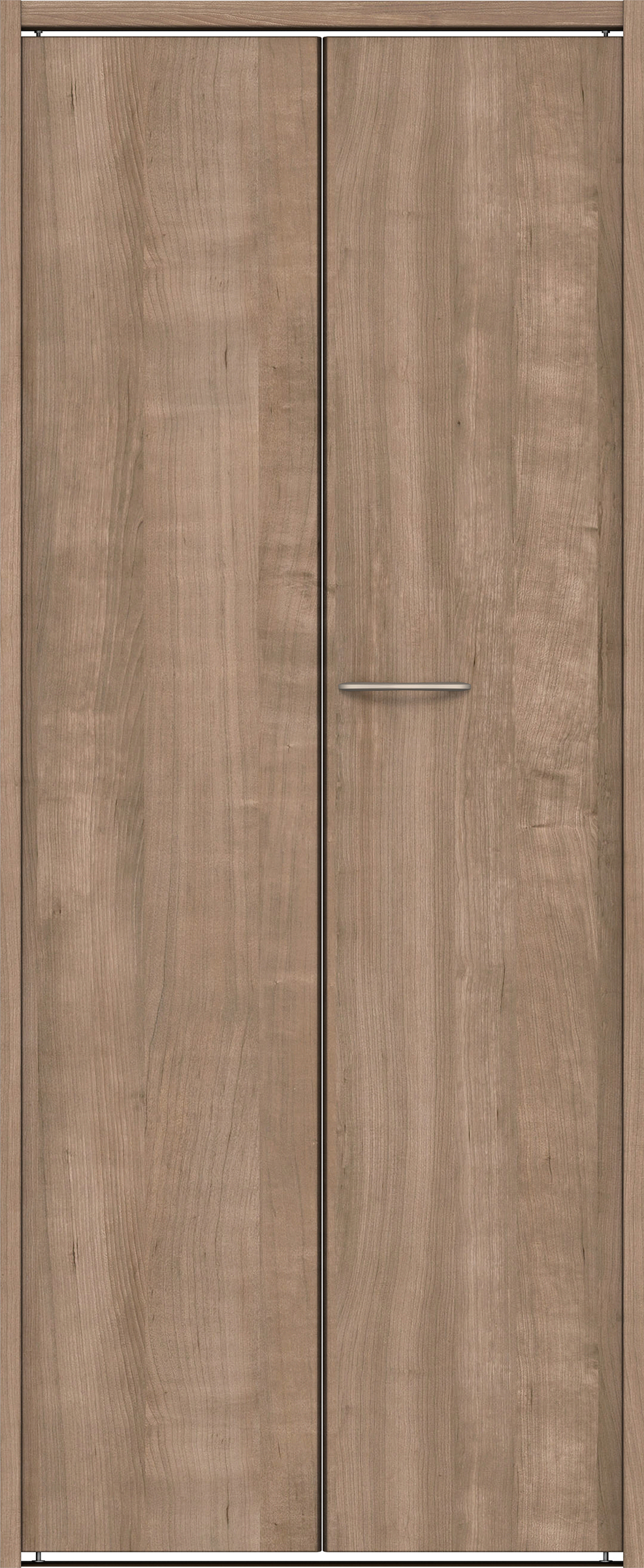 クローク収納　イエリア　折戸ユニット　フラット縦木目タイプ　ウッド扉　下レール付三方枠（固定枠）　セット　７３５幅（３尺間口）　１７９０高　〈トープグレー柄〉　ハンドルラウンド型〈Ｔシルバー色〉