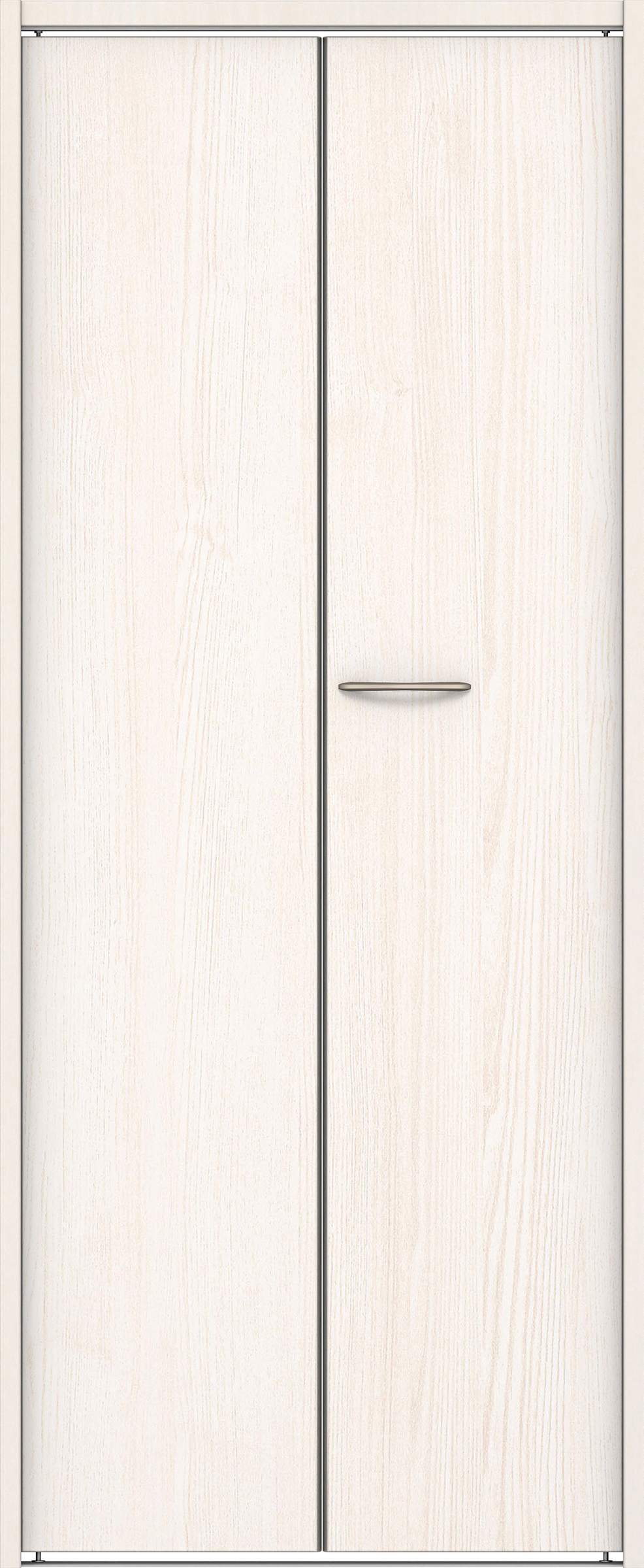 クローク収納　イエリア　折戸ユニット　フラット縦木目タイプ　ウッド扉　下レール付三方枠（固定枠）　セット　７３５幅（３尺間口）　１７９０高　〈ネオホワイト柄〉　ハンドルラウンド型〈Ｔシルバー色〉