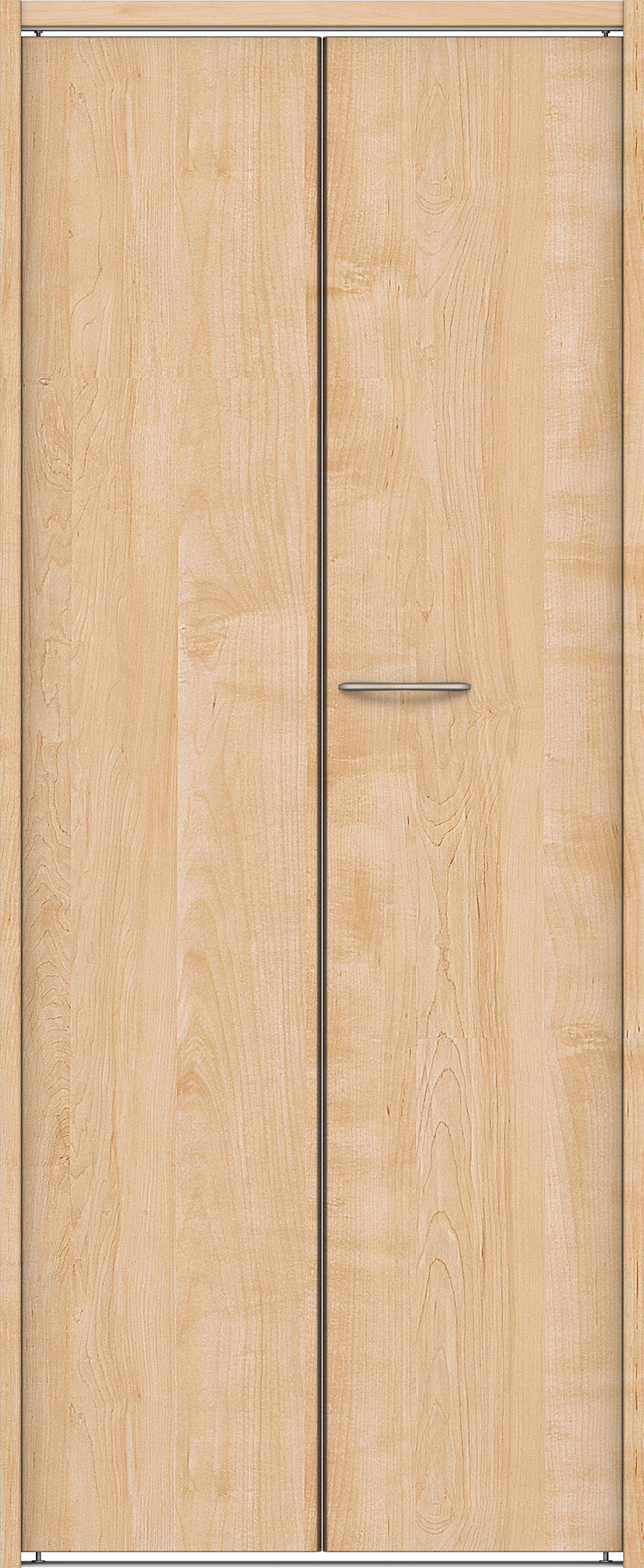 クローク収納　イエリア　折戸ユニット　フラット縦木目タイプ　ウッド扉　下レール付三方枠（固定枠）　セット　７３５幅（３尺間口）　１７９０高　〈ミルベージュ柄〉　ハンドルラウンド型〈Ｔシルバー色〉