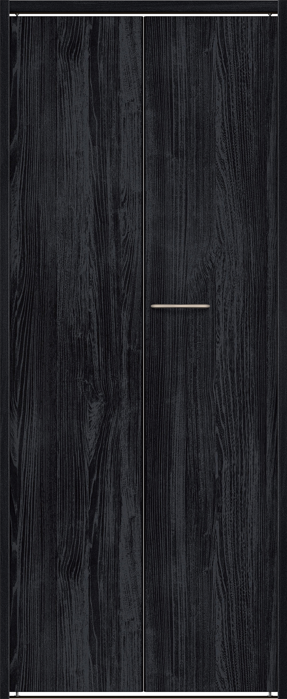 クローク収納　イエリア　折戸ユニット　フラット縦木目タイプ　ウッド扉　下レール付三方枠（固定枠）　セット　７３５幅（３尺間口）　１７９０高　〈モスブラック柄〉　ハンドルラウンド型〈Ｔシルバー色〉