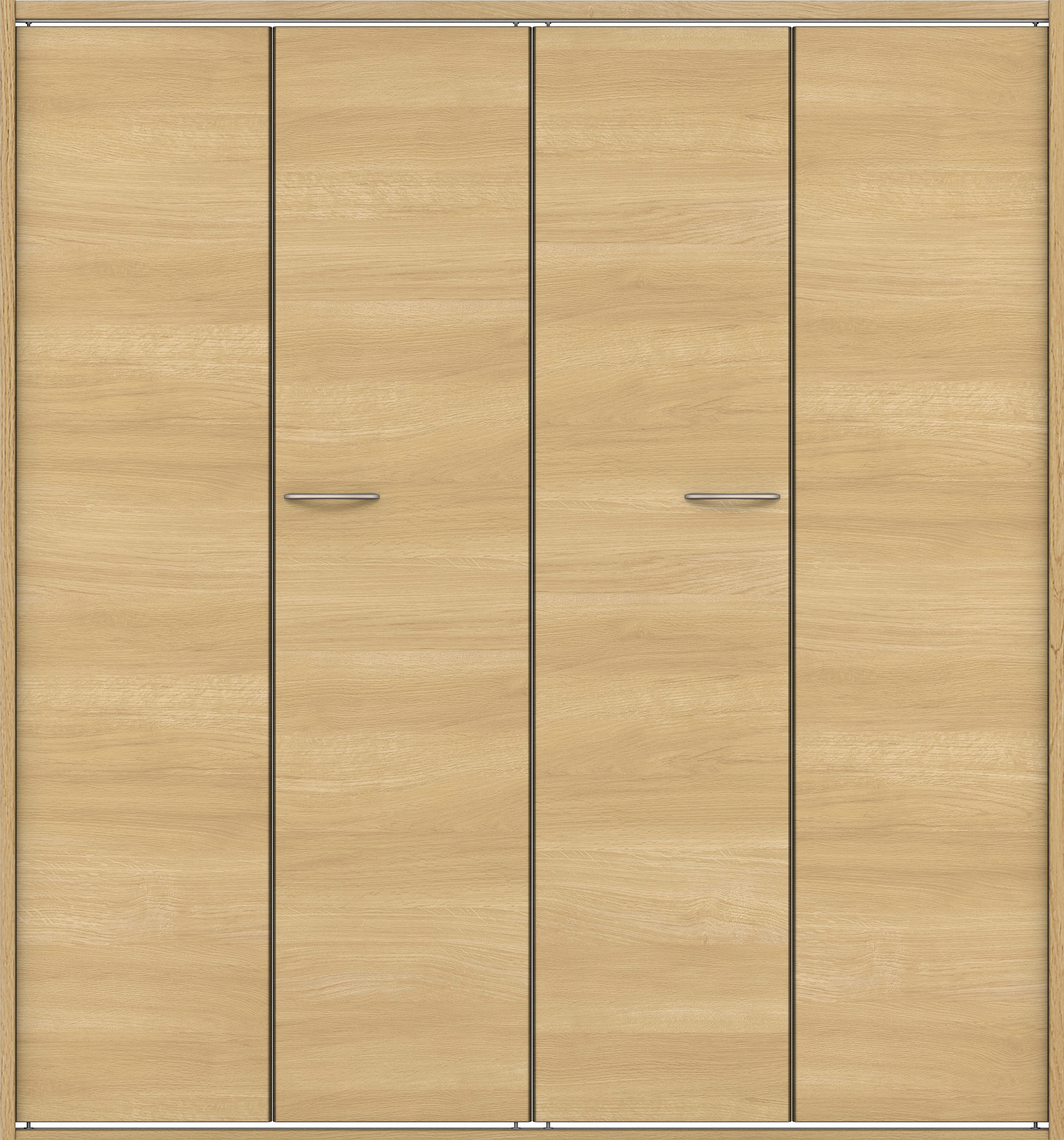 クローク収納　イエリア　折戸ユニット　フラット横木目タイプ　ウッド扉　四方枠（固定枠）　セット　１６８０幅（６尺間口）　１８００高　〈ライトオーカー柄〉　ハンドルラウンド型〈鏡面クローム仕上げ〉