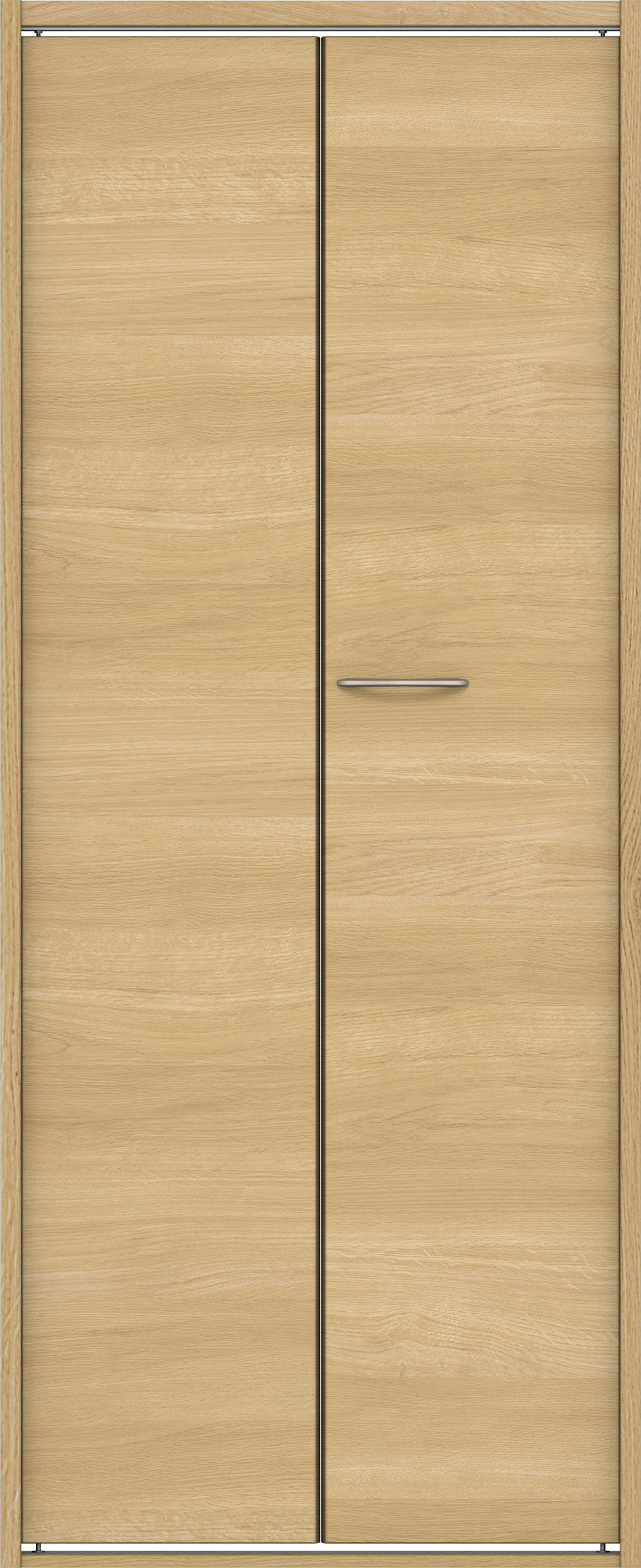 クローク収納　イエリア　折戸ユニット　フラット横木目タイプ　ウッド扉　四方枠（固定枠）　セット　７３５幅（３尺間口）　１８００高　〈ライトオーカー柄〉　ハンドルラウンド型〈Ｔシルバー色〉