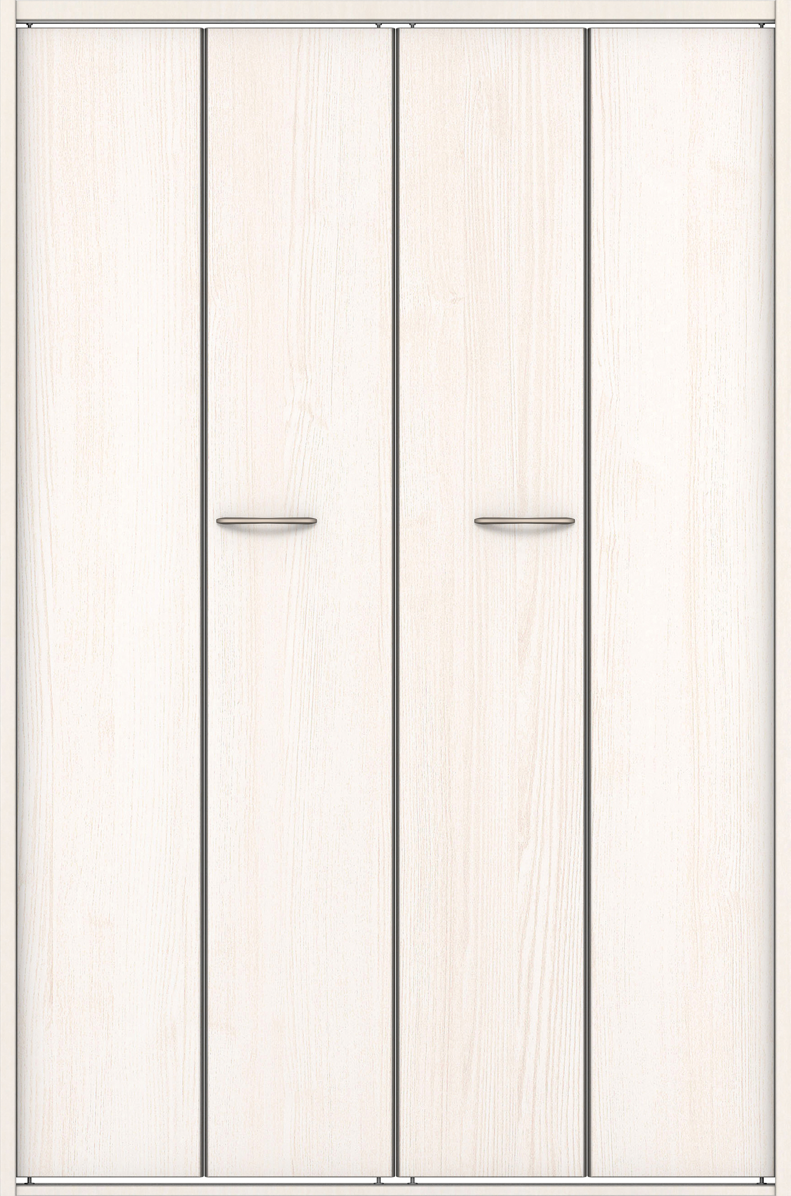 クローク収納　イエリア　折戸ユニット　フラット縦木目タイプ　ウッド扉　四方枠（固定枠）　セット　１１９０幅（４．５尺間口）　１８００高　〈ネオホワイト柄〉　ハンドルラウンド型〈サテンニッケル仕上げ〉