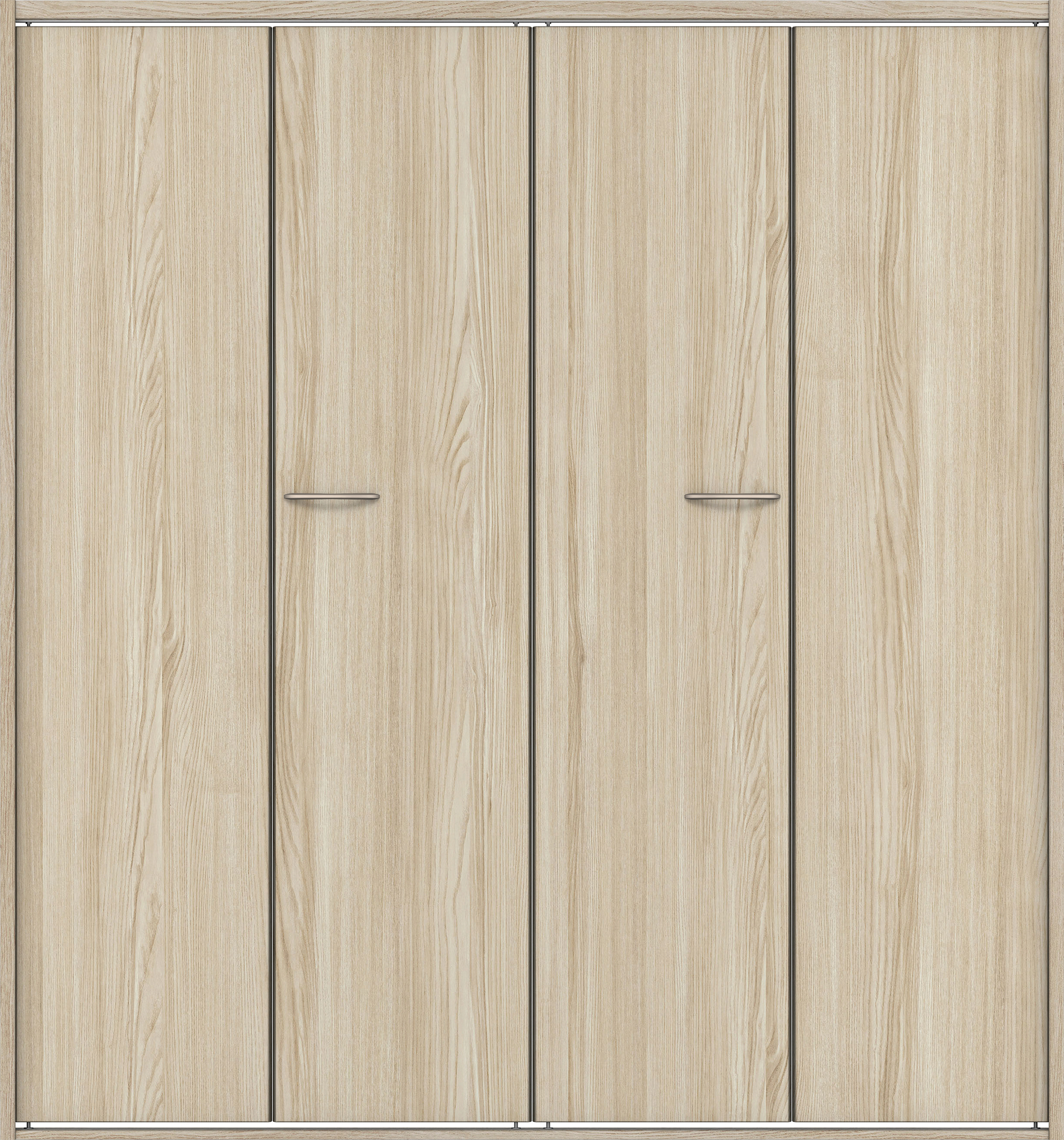 クローク収納　イエリア　折戸ユニット　フラット縦木目タイプ　ウッド扉　四方枠（固定枠）　セット　１６８０幅（６尺間口）　１８００高　〈ソフトグレージュ柄〉　ハンドルラウンド型〈Ｔシルバー色〉