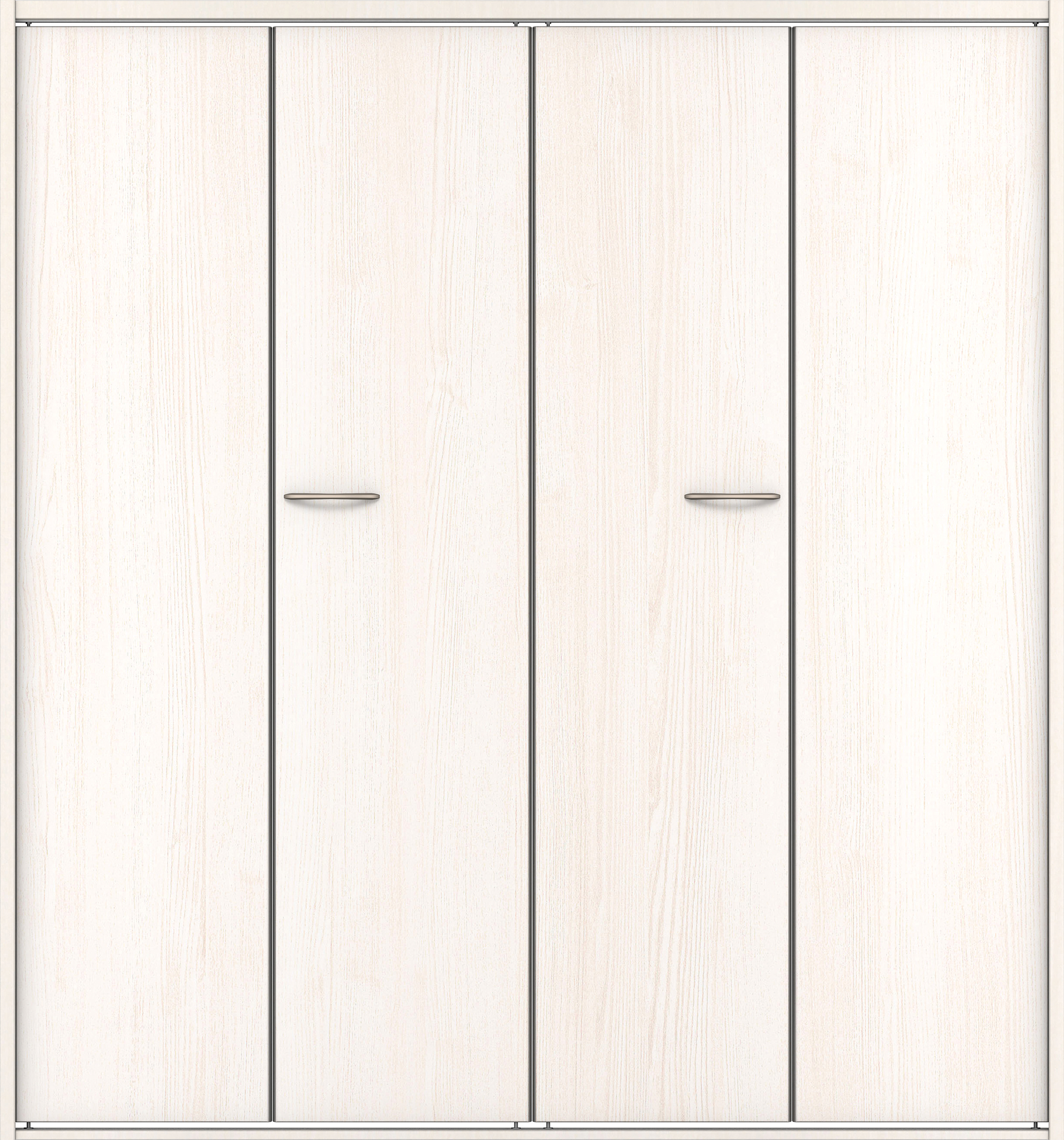 クローク収納　イエリア　折戸ユニット　フラット縦木目タイプ　ウッド扉　四方枠（固定枠）　セット　１６８０幅（６尺間口）　１８００高　〈ネオホワイト柄〉　ハンドルラウンド型〈Ｔシルバー色〉