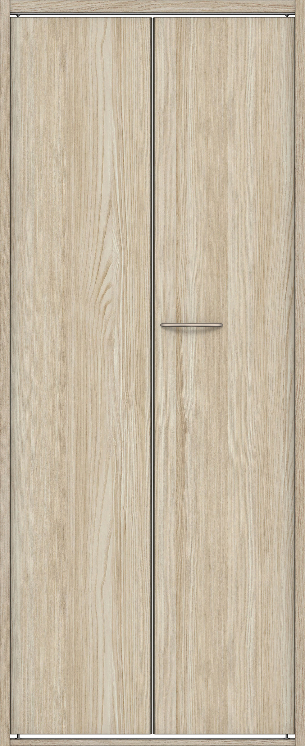 クローク収納　イエリア　折戸ユニット　フラット縦木目タイプ　ウッド扉　四方枠（固定枠）　セット　７３５幅（３尺間口）　１８００高　〈ソフトグレージュ柄〉　ハンドルラウンド型〈Ｔシルバー色〉