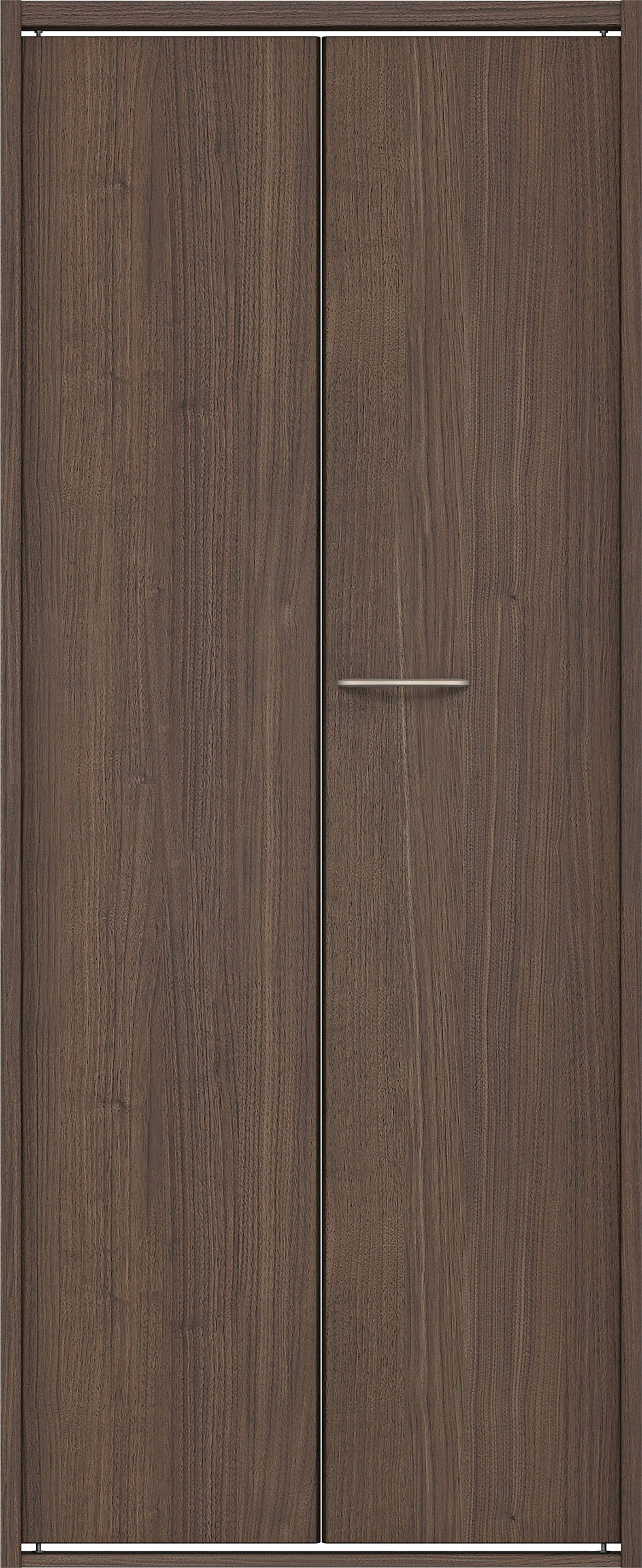 クローク収納　イエリア　折戸ユニット　フラット縦木目タイプ　ウッド扉　四方枠（固定枠）　セット　７３５幅（３尺間口）　１８００高　〈ダルブラウン柄〉　ハンドルラウンド型〈Ｔシルバー色〉