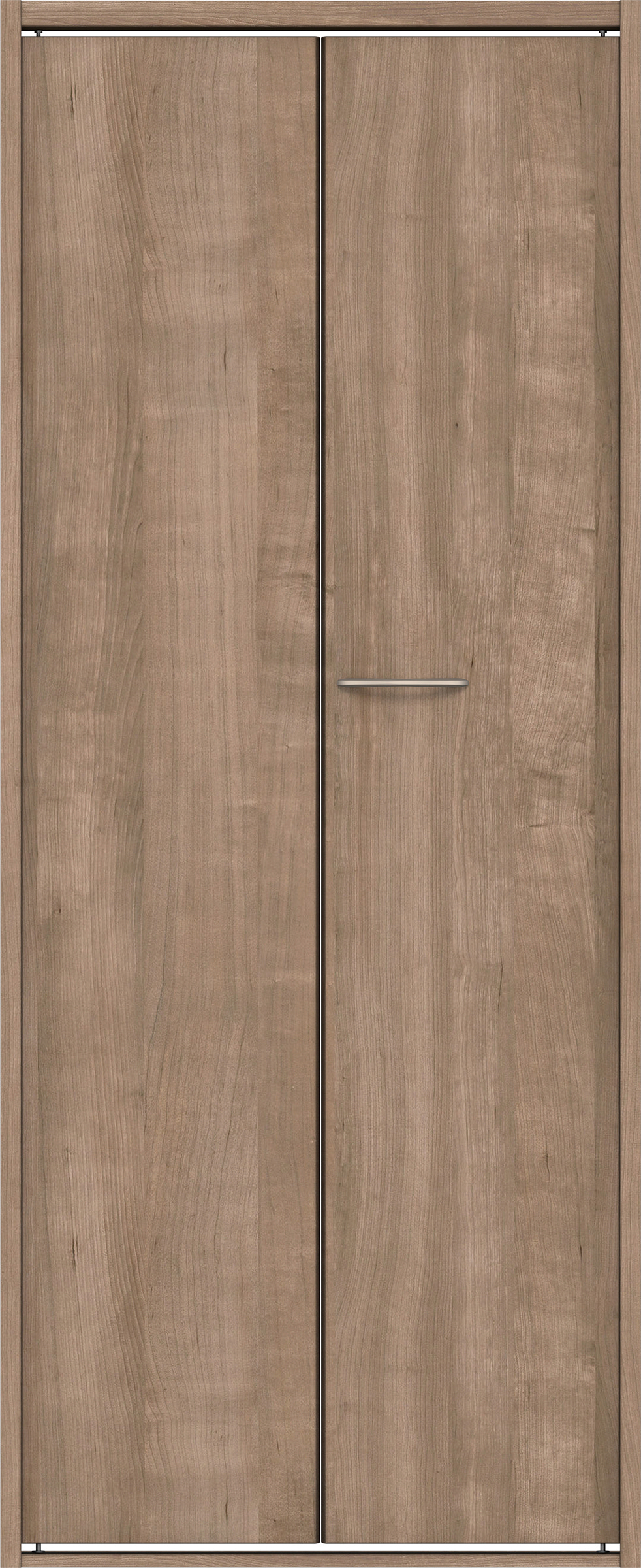 クローク収納　イエリア　折戸ユニット　フラット縦木目タイプ　ウッド扉　四方枠（固定枠）　セット　７３５幅（３尺間口）　１８００高　〈トープグレー柄〉　ハンドルラウンド型〈Ｔシルバー色〉