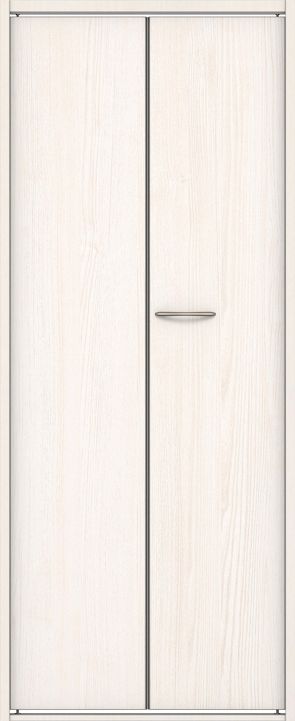 クローク収納　イエリア　折戸ユニット　フラット縦木目タイプ　ウッド扉　四方枠（固定枠）　セット　７３５幅（３尺間口）　１８００高　〈ネオホワイト柄〉　ハンドルラウンド型〈Ｔシルバー色〉