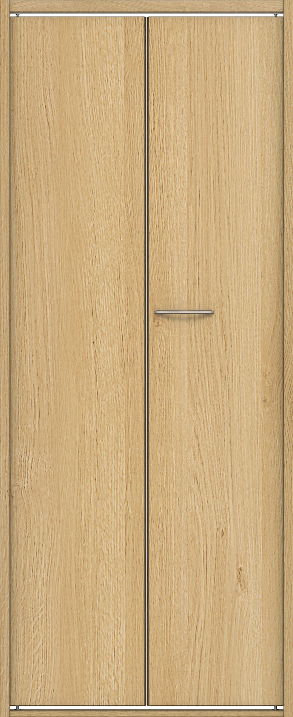 クローク収納　イエリア　折戸ユニット　フラット縦木目タイプ　ウッド扉　四方枠（固定枠）　セット　７３５幅（３尺間口）　１８００高　〈ライトオーカー柄〉　ハンドル角型〈Ｔシルバー色〉