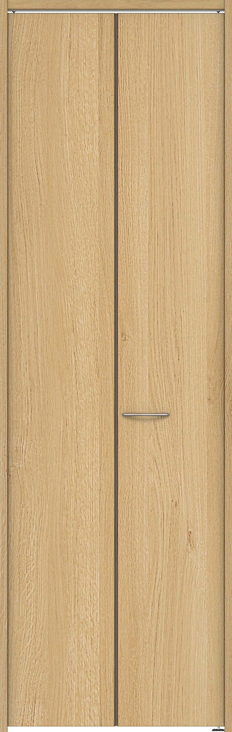 クローク収納　イエリア　折戸ユニット　フラット縦木目タイプ　ウッド扉　下レールレス三方枠（固定枠）　セット　７３５幅（３尺間口）　２３２０高　〈ライトオーカー柄〉　ハンドル角型〈鏡面クローム仕上げ〉