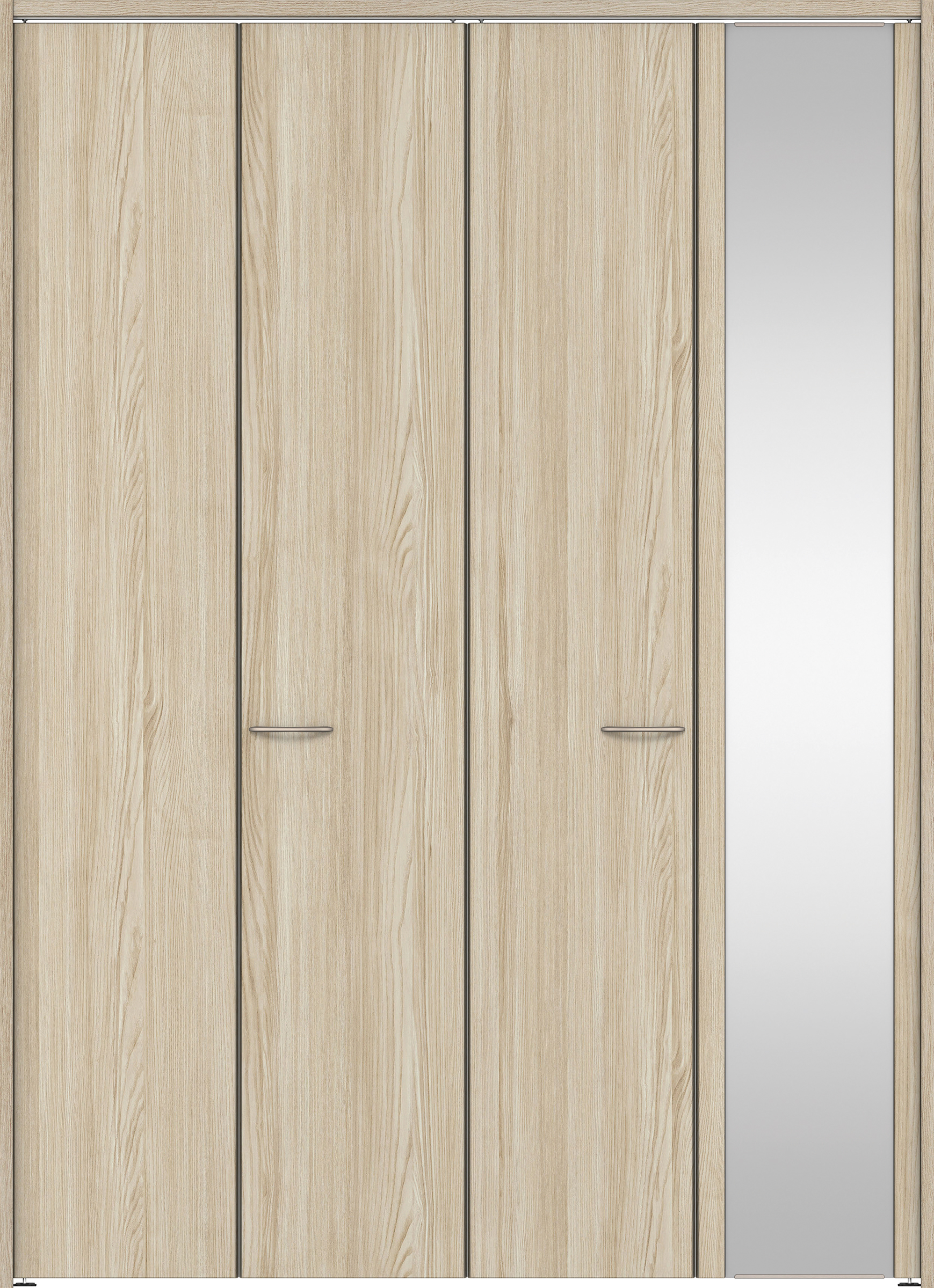 クローク収納　イエリア　折戸ユニット　フラット縦木目　ミラー扉　下レールレス三方枠（固定枠）　セット　１６８０幅（６尺間口）　２３２０高　〈ソフトグレージュ柄〉　ハンドルラウンド型〈Ｔシルバー色〉