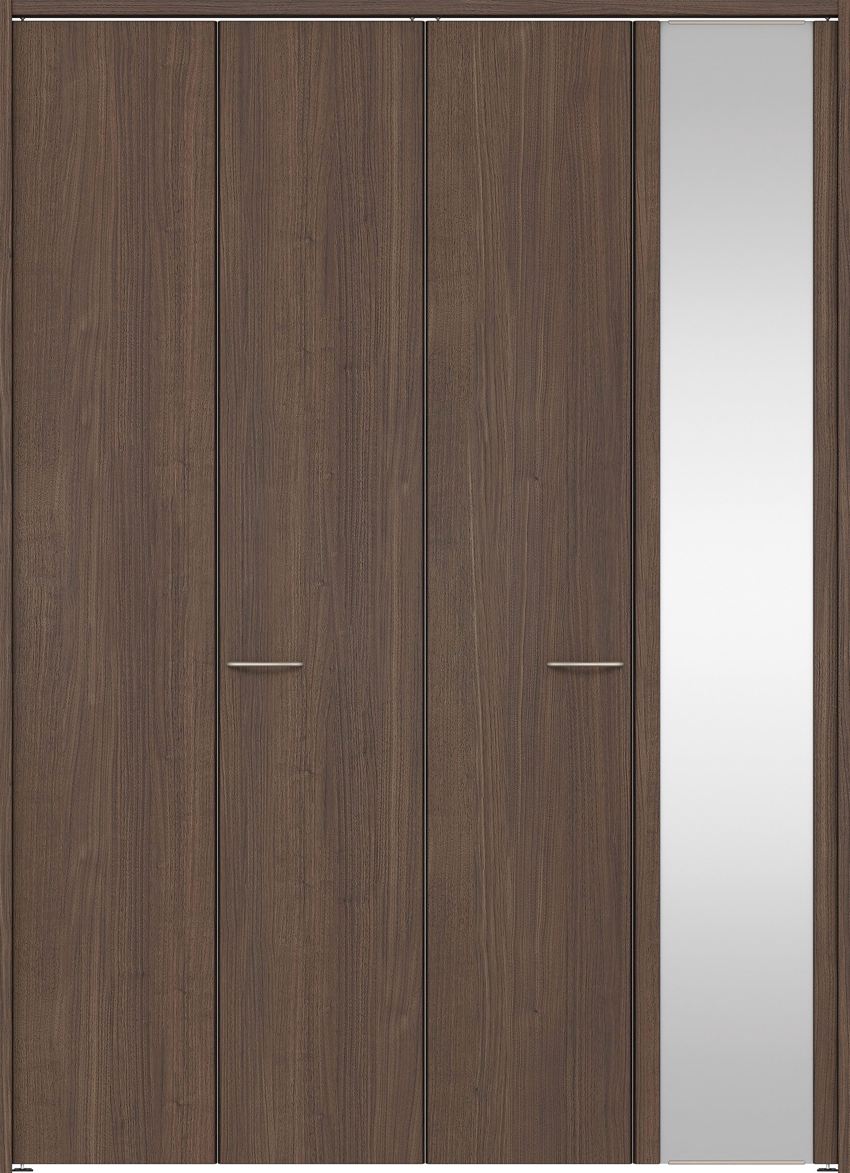 クローク収納　イエリア　折戸　フラット縦木目　ミラー扉　下レールレス三方枠（固定枠）　セット　１６８０幅（６尺間口）　２３２０高　〈ダルブラウン柄〉　ハンドルラウンド型〈Ｔシルバー色〉　抗ウイルス