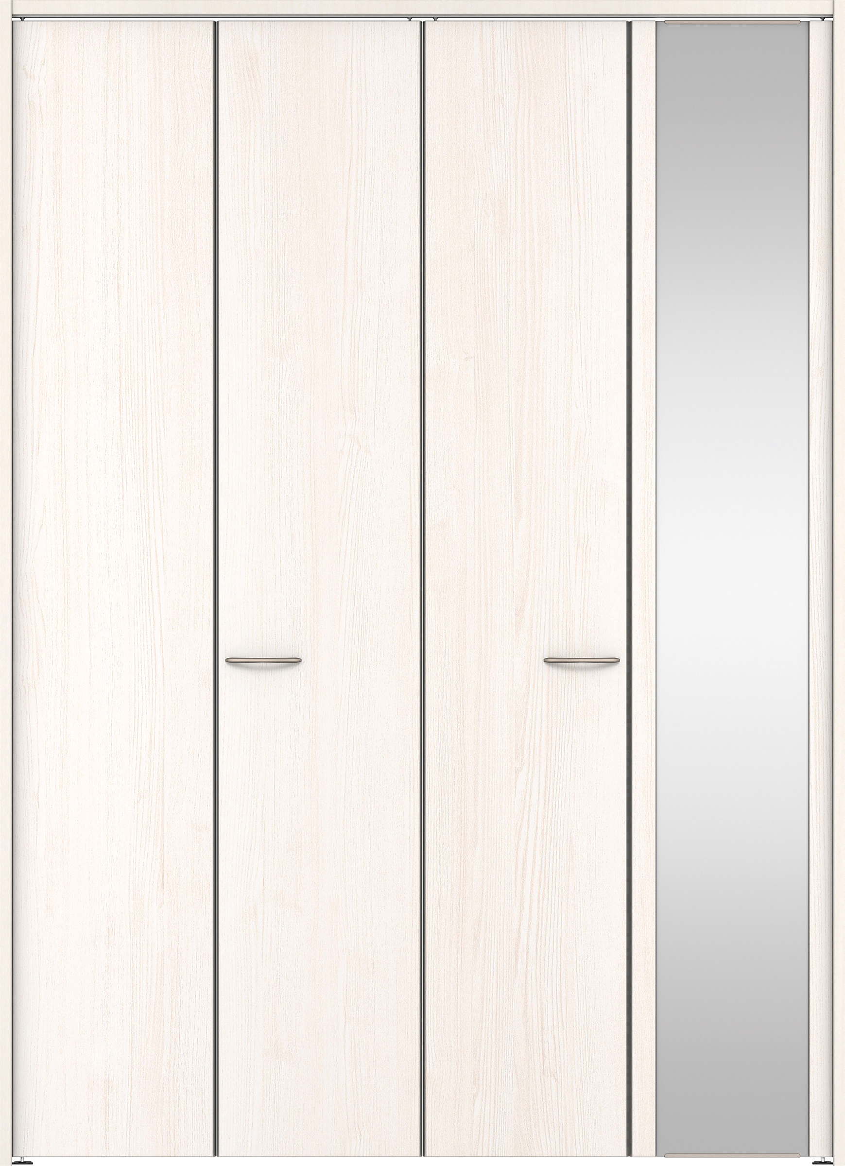 クローク収納　イエリア　折戸　フラット縦木目　ミラー扉　下レールレス三方枠（固定枠）　セット　１６４４幅（６尺小間口）　２３２０高　〈ネオホワイト柄〉　ハンドルラウンド型〈Ｔシルバー色〉　抗ウイルス