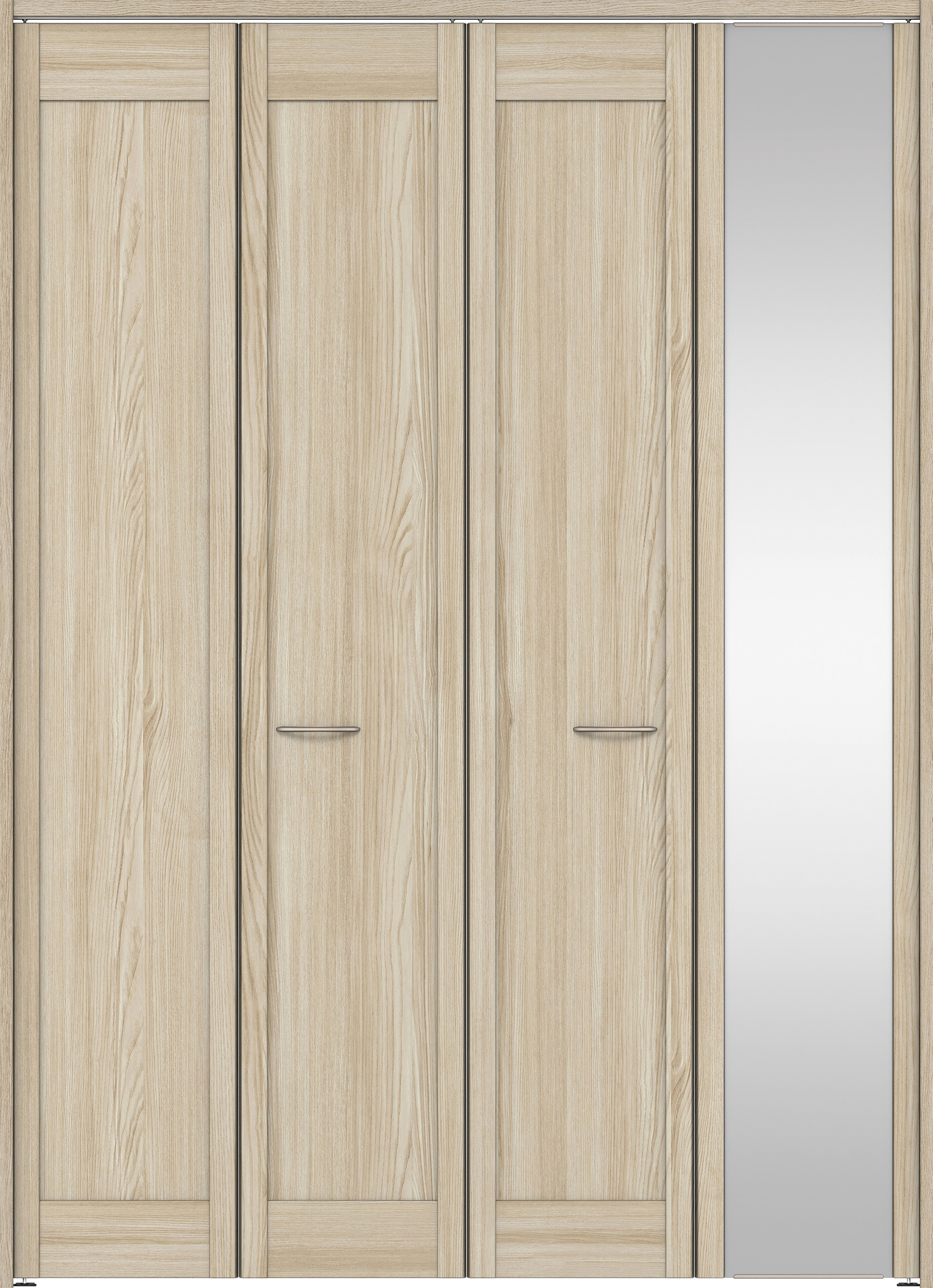 クローク収納　イエリア　折戸ユニット　カマチタイプ　ミラー扉　下レールレス三方枠（固定枠）　セット　１６４４幅（６尺小間口）　２３２０高　〈ソフトグレージュ柄〉　ハンドルラウンド型〈Ｔシルバー色〉