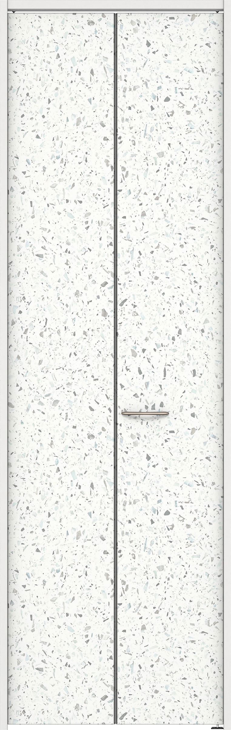 クローク収納　イエリア　折戸ユニット　フラットタイプ　パネル扉　下レールレス三方枠（固定枠）　セット　７３５幅（３尺間口）　２３２０高　〈テラゾホワイト柄〉　ハンドルラウンド型〈サテンニッケル仕上げ〉