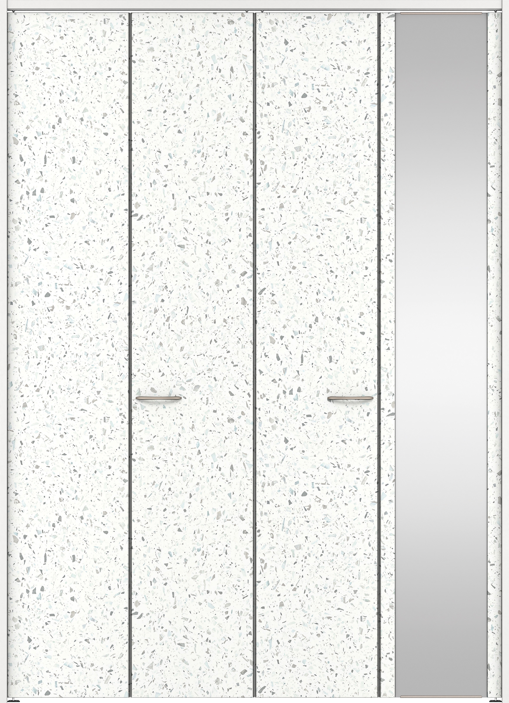 クローク収納　イエリア　折戸ユニット　フラットタイプ　ミラー扉　下レールレス三方枠（固定枠）　セット　１６８０幅（６尺間口）　２３２０高　〈テラゾホワイト柄〉　ハンドル角型〈ブラック色〉