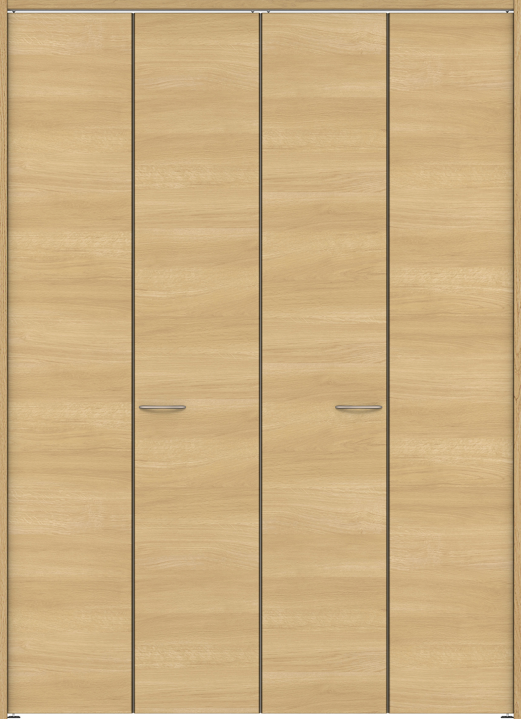 クローク収納　イエリア　折戸ユニット　フラット横木目タイプ　ウッド扉　下レールレス三方枠（固定枠）　セット　１６８０幅（６尺間口）　２３２０高　〈ライトオーカー柄〉　ハンドル角型〈ブラック色〉