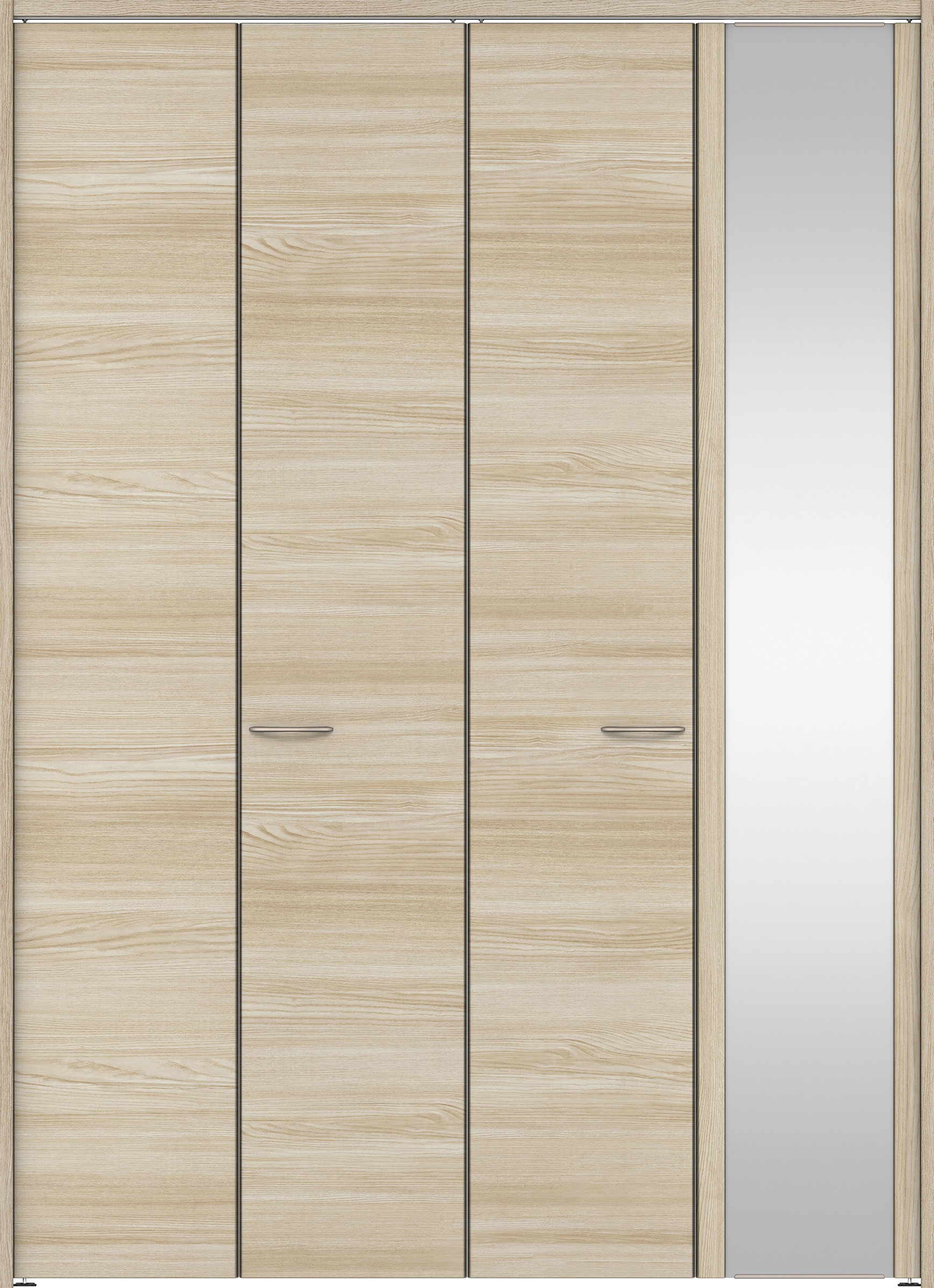 クローク収納　イエリア　折戸ユニット　フラット横木目　ミラー扉　下レールレス三方枠（固定枠）　セット　１６８０幅（６尺間口）　２３２０高　〈ソフトグレージュ柄〉　ハンドルラウンド型〈Ｔシルバー色〉