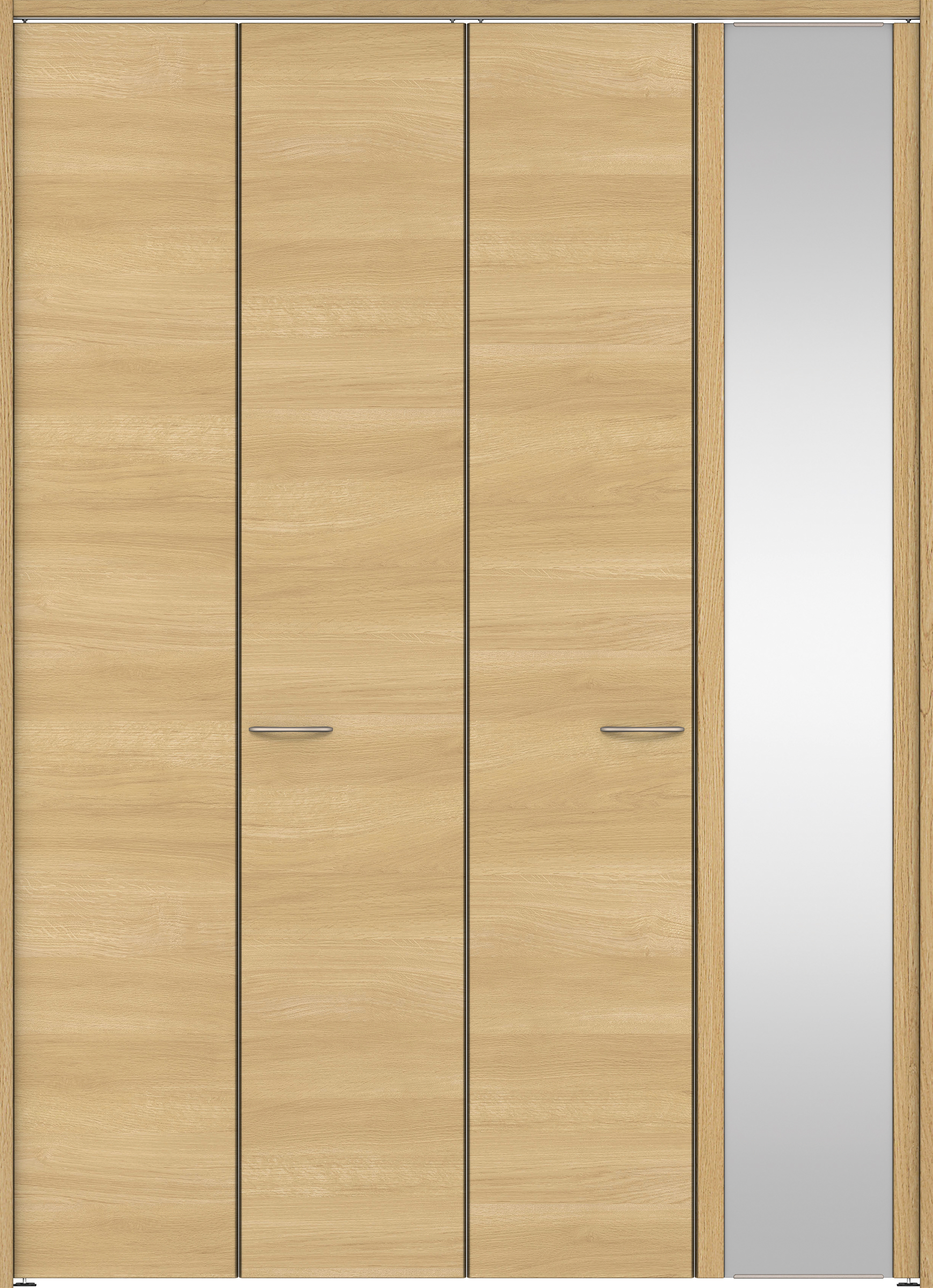 クローク収納　イエリア　折戸ユニット　フラット横木目タイプ　ミラー扉　下レールレス三方枠（固定枠）　セット　１６８０幅（６尺間口）　２３２０高　〈ライトオーカー柄〉　ハンドル角型〈Ｔシルバー色〉