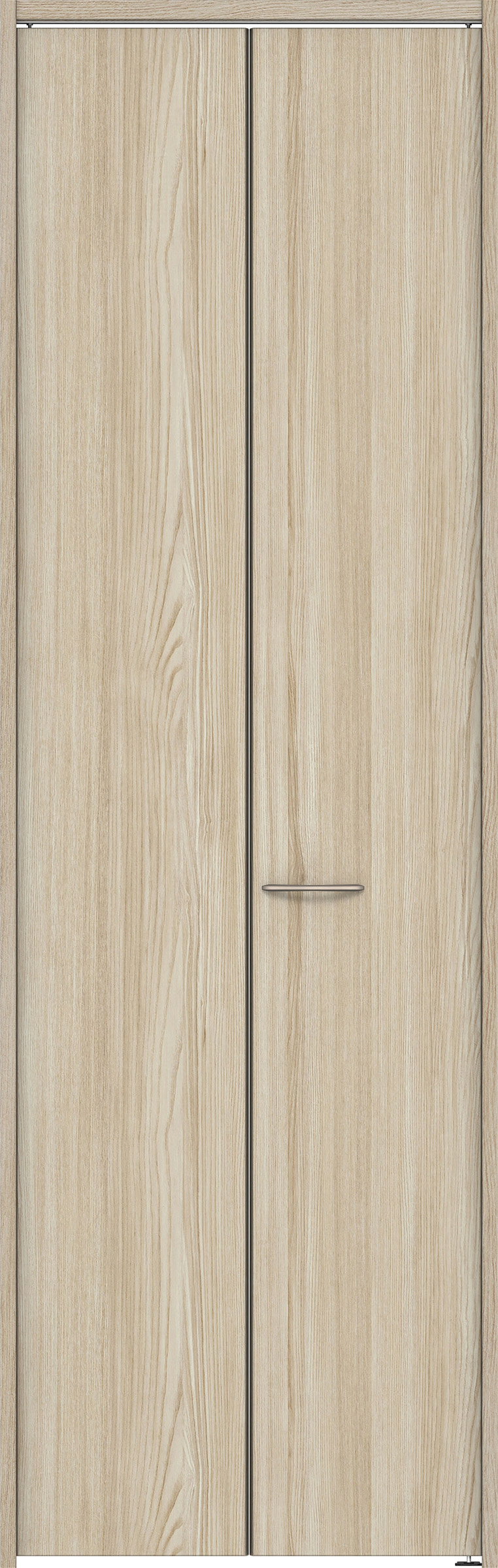 クローク収納　イエリア　折戸ユニット　フラット縦木目タイプ　ウッド扉　下レールレス三方枠（固定枠）　セット　７３５幅（３尺間口）　２３２０高　〈ソフトグレージュ柄〉　ハンドルラウンド型〈Ｔシルバー色〉