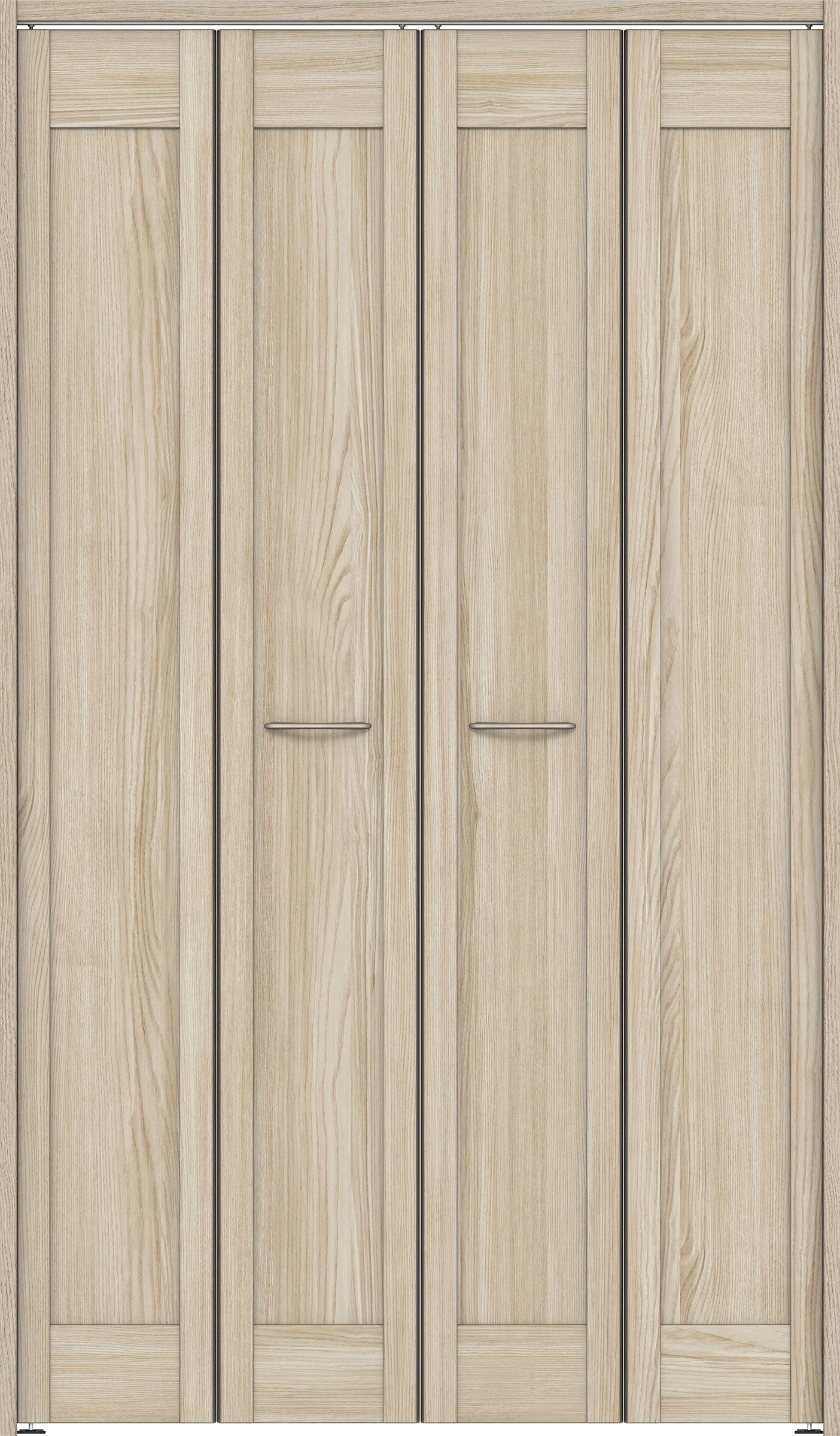 クローク収納　イエリア　折戸ユニット　カマチタイプ　ウッド扉　下レールレス三方枠（固定枠）　セット　１１９０幅（４．５尺間口）　２０３５高　〈ソフトグレージュ柄〉　ハンドルラウンド型〈Ｔシルバー色〉