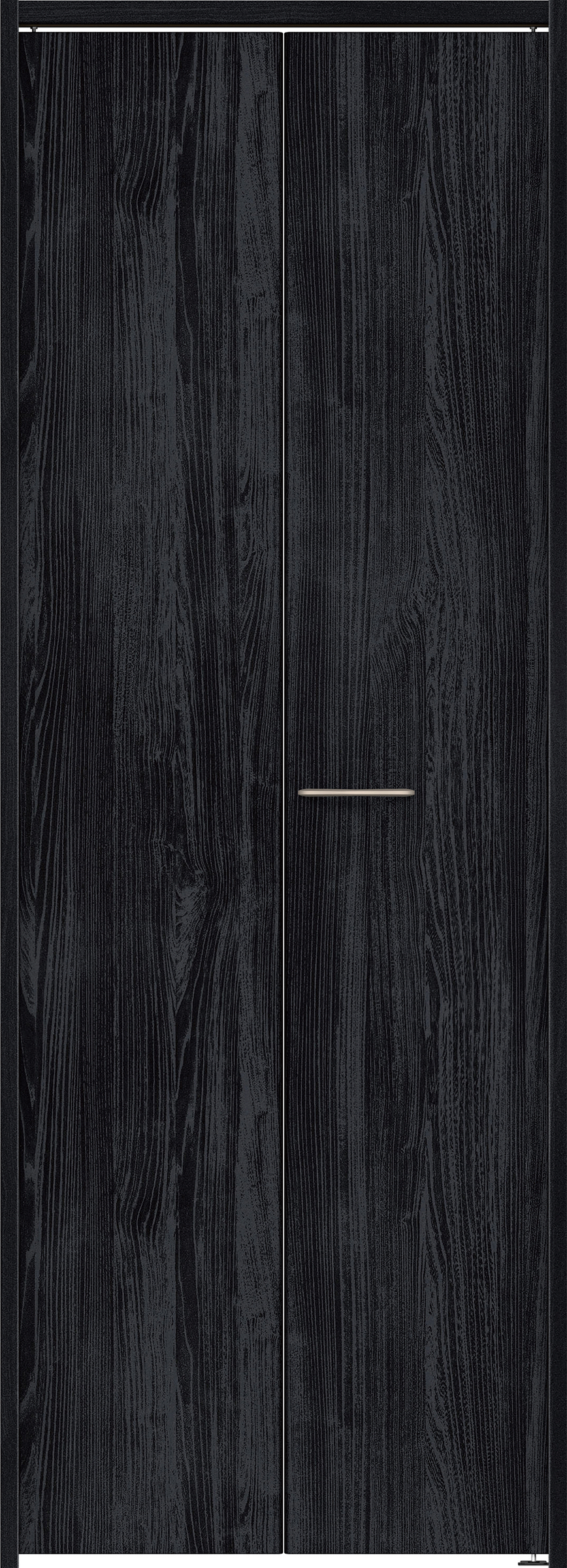 クローク収納　イエリア　折戸ユニット　フラット縦木目タイプ　ウッド扉　下レールレス三方枠（固定枠）　セット　７３５幅（３尺間口）　２０３５高　〈モスブラック柄〉　ハンドルラウンド型〈Ｔシルバー色〉