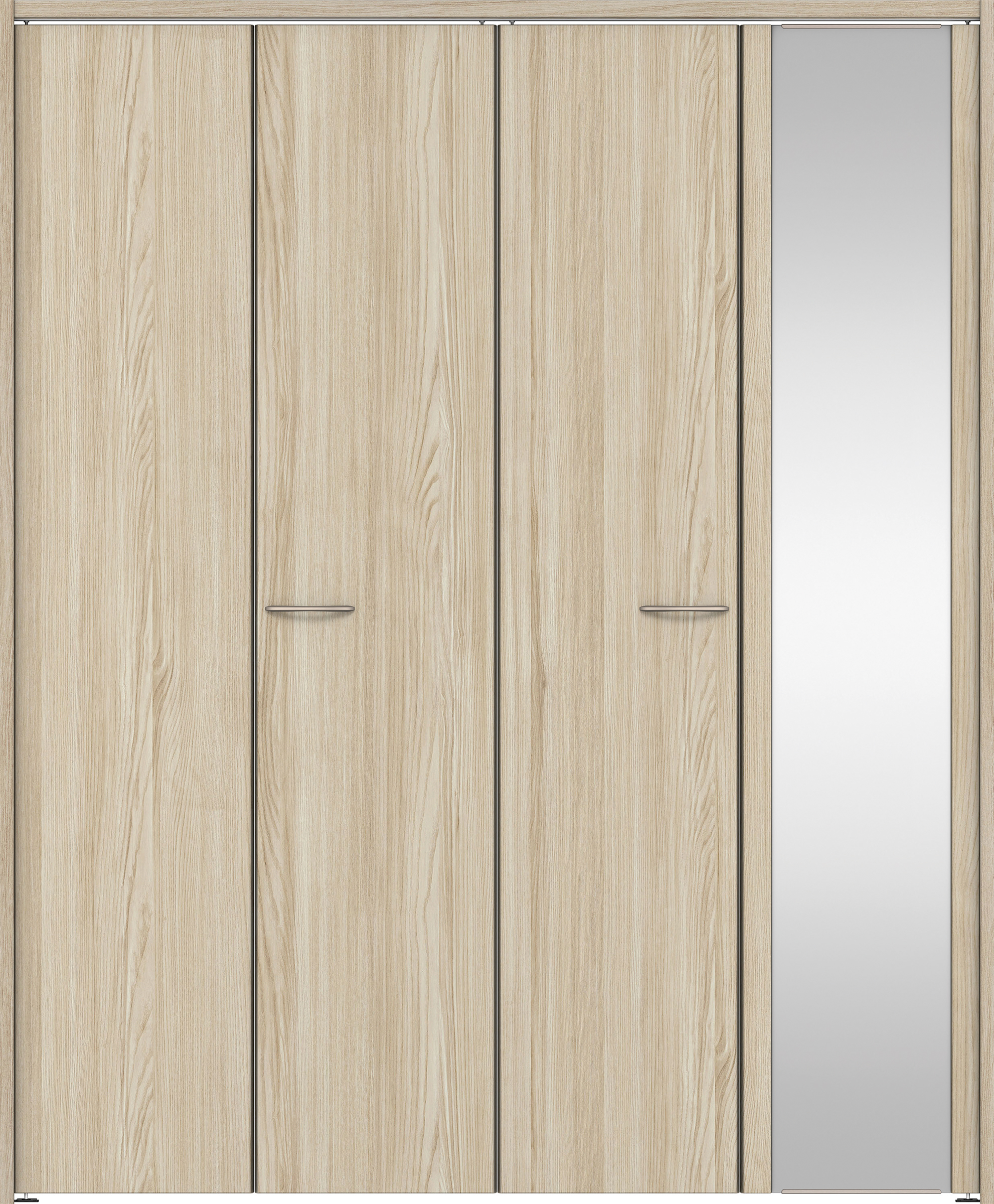 クローク収納　イエリア　折戸ユニット　フラット縦木目　ミラー扉　下レールレス三方枠（固定枠）　セット　１６４４幅（６尺小間口）　２０３５高　〈ソフトグレージュ柄〉　ハンドルラウンド型〈Ｔシルバー色〉