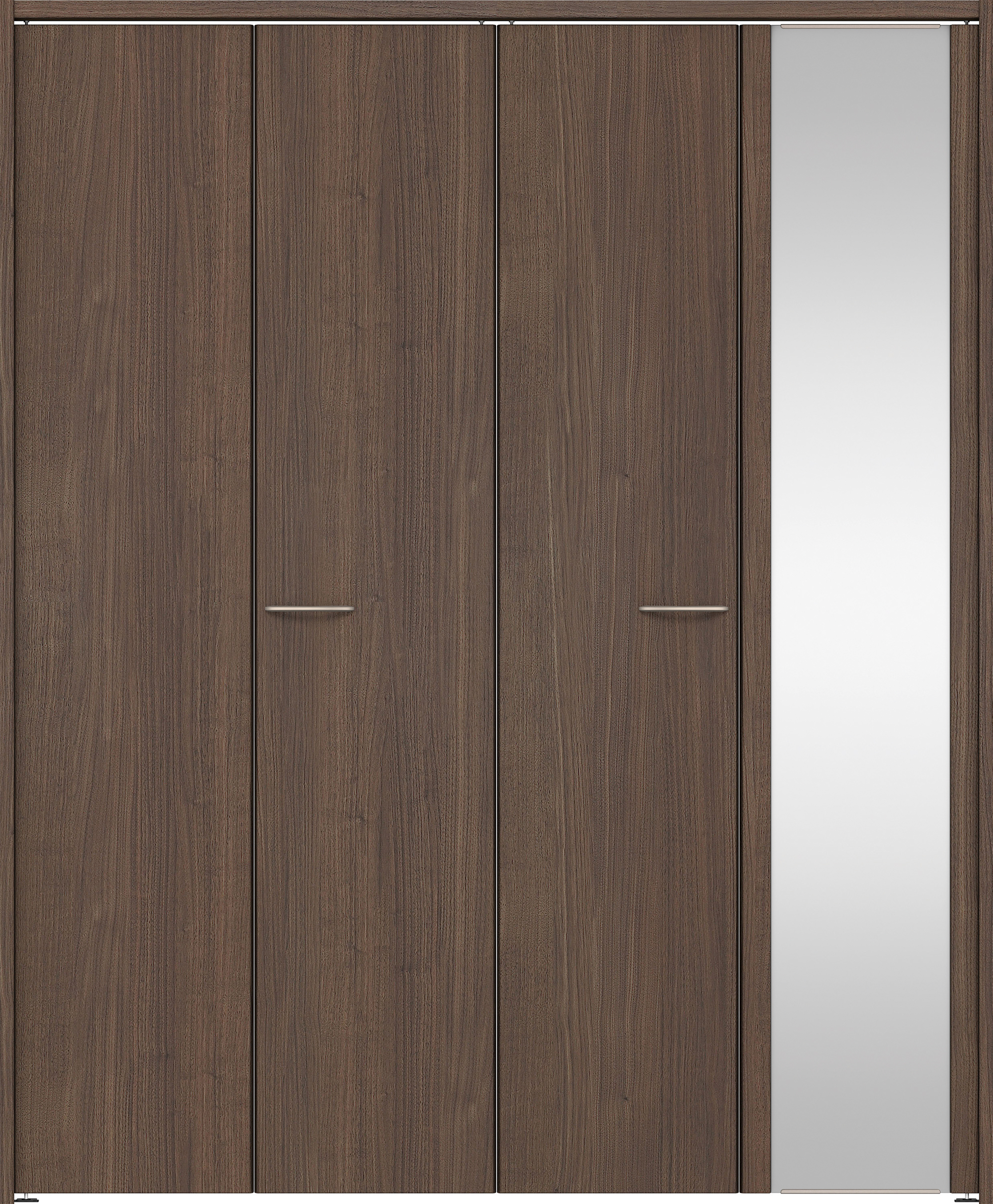 クローク収納　イエリア　折戸ユニット　フラット縦木目タイプ　ミラー扉　下レールレス三方枠（固定枠）　セット　１６８０幅（６尺間口）　２０３５高　〈ダルブラウン柄〉　ハンドルラウンド型〈Ｔシルバー色〉