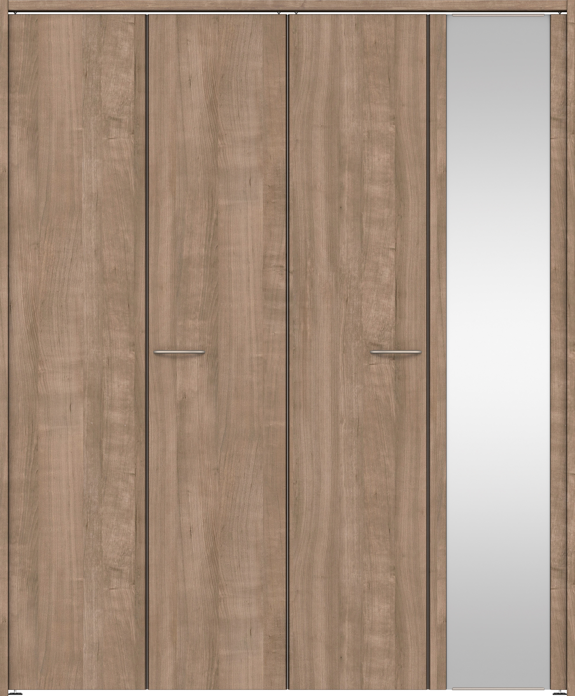 クローク収納　イエリア　折戸ユニット　フラット縦木目タイプ　ミラー扉　下レールレス三方枠（固定枠）　セット　１６４４幅（６尺小間口）　２０３５高　〈トープグレー柄〉　ハンドル角型〈ブラック色〉