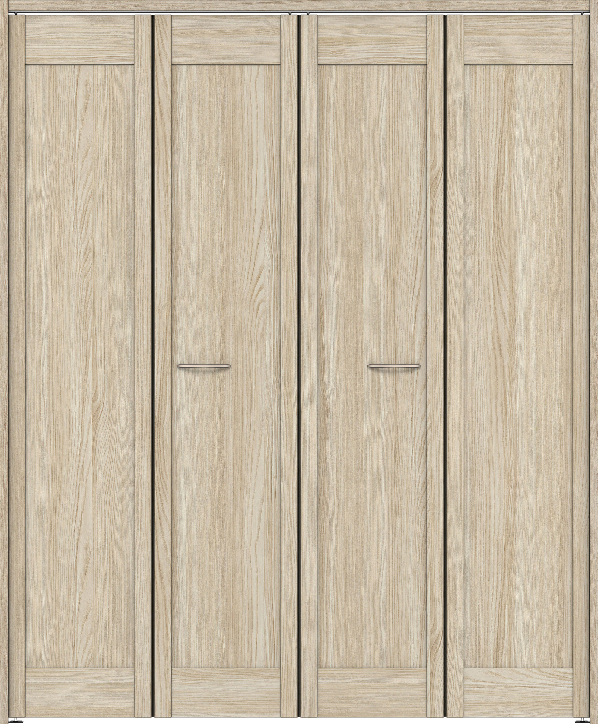 クローク収納　イエリア　折戸ユニット　カマチタイプ　ウッド扉　下レールレス三方枠（固定枠）　セット　１６８０幅（６尺間口）　２０３５高　〈ソフトグレージュ柄〉　ハンドルラウンド型〈Ｔシルバー色〉