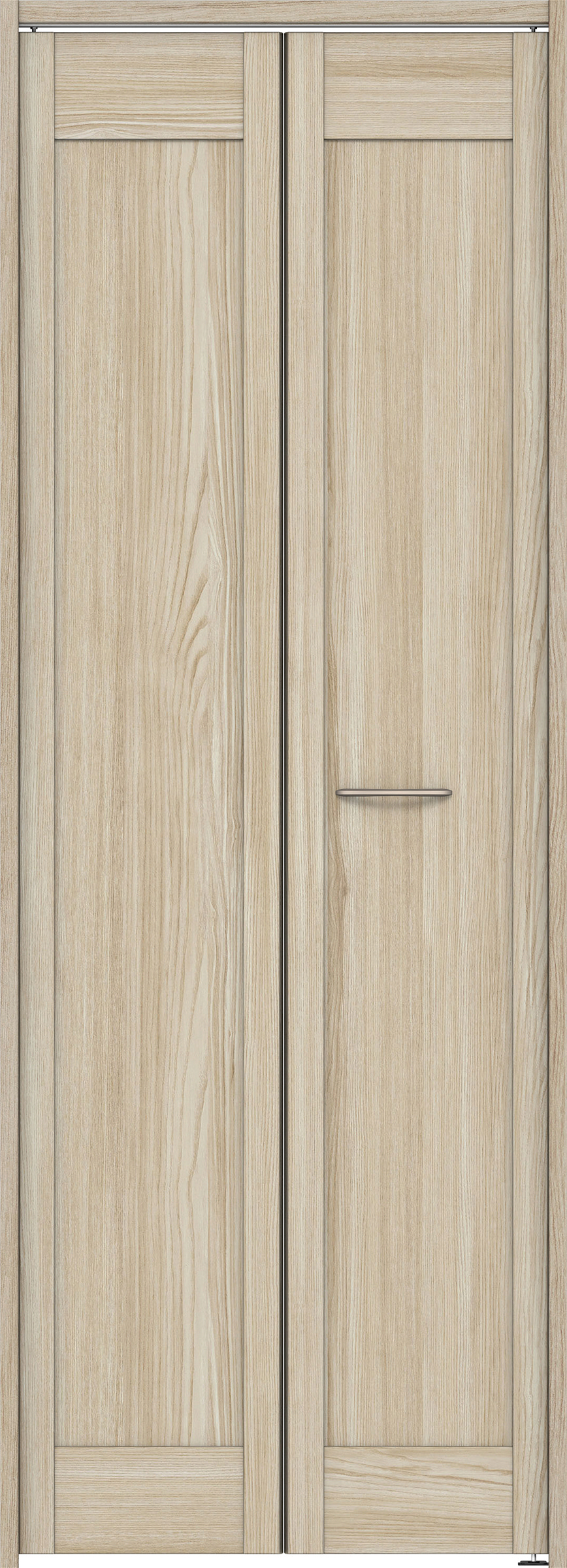 クローク収納　イエリア　折戸ユニット　カマチタイプ　ウッド扉　下レールレス三方枠（固定枠）　セット　７３５幅（３尺間口）　２０３５高　〈ソフトグレージュ柄〉　ハンドルラウンド型〈Ｔシルバー色〉