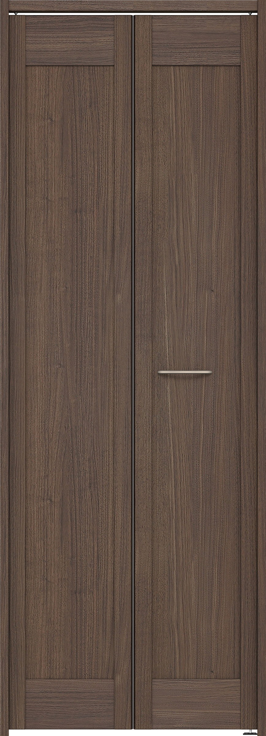 クローク収納　イエリア　折戸ユニット　カマチタイプ　ウッド扉　下レールレス三方枠（固定枠）　セット　７３５幅（３尺間口）　２０３５高　〈ダルブラウン柄〉　ハンドルラウンド型〈Ｔシルバー色〉