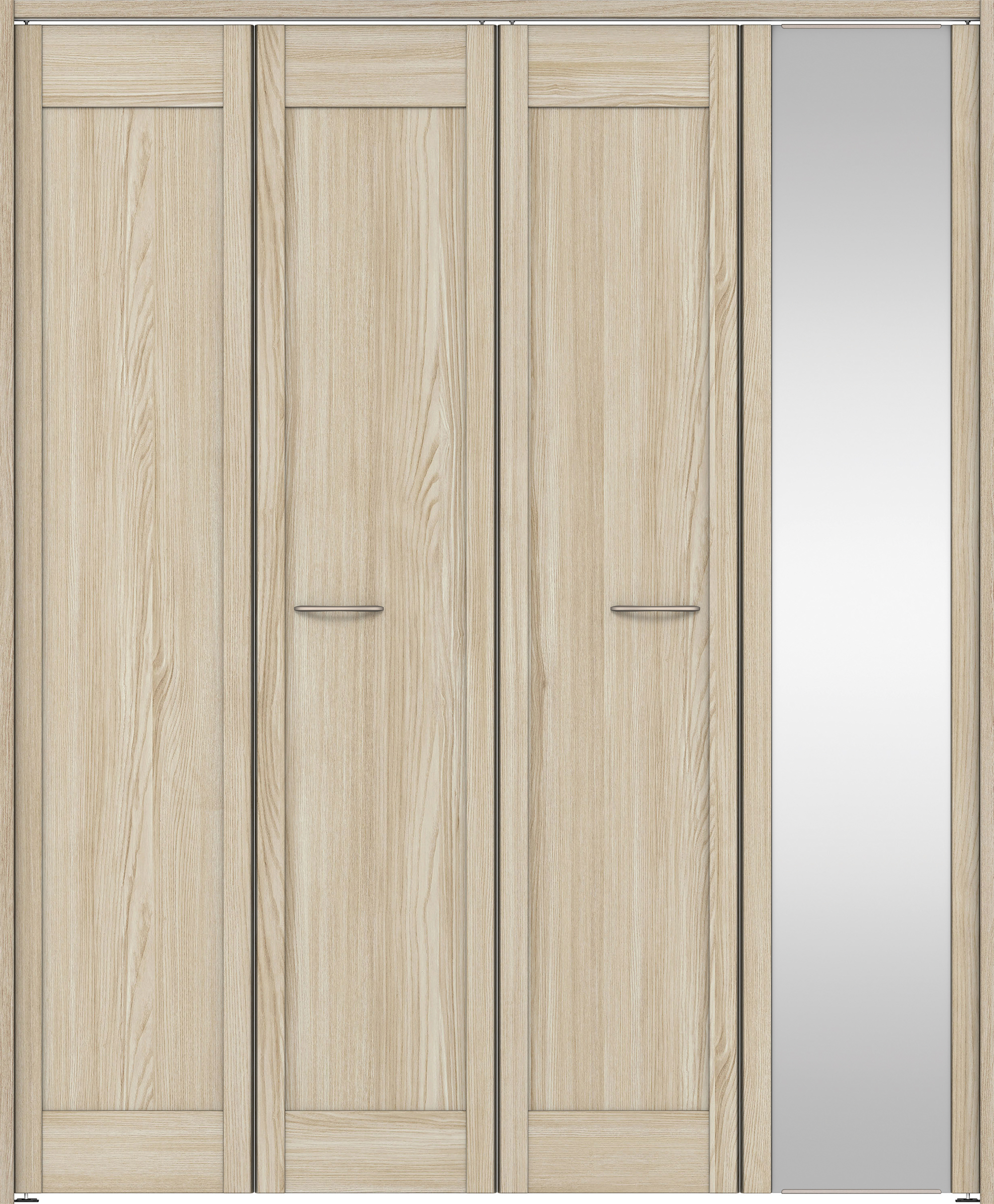 クローク収納　イエリア　折戸ユニット　カマチタイプ　ミラー扉　下レールレス三方枠（固定枠）　セット　１６４４幅（６尺小間口）　２０３５高　〈ソフトグレージュ柄〉　ハンドルラウンド型〈Ｔシルバー色〉