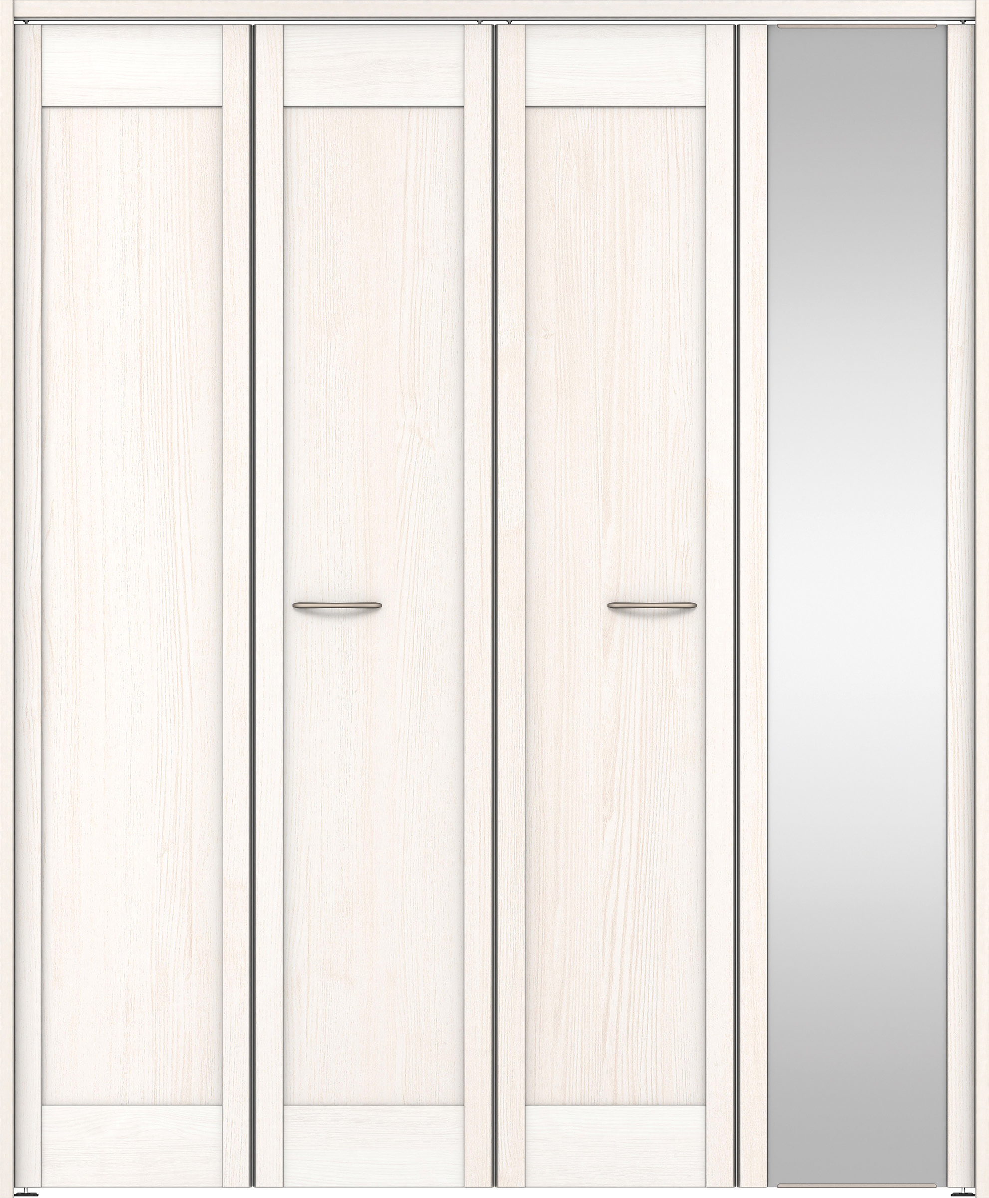 クローク収納　イエリア　折戸ユニット　カマチタイプ　ミラー扉　下レールレス三方枠（固定枠）　セット　１６４４幅（６尺小間口）　２０３５高　〈ネオホワイト柄〉　ハンドルラウンド型〈ブラック色〉