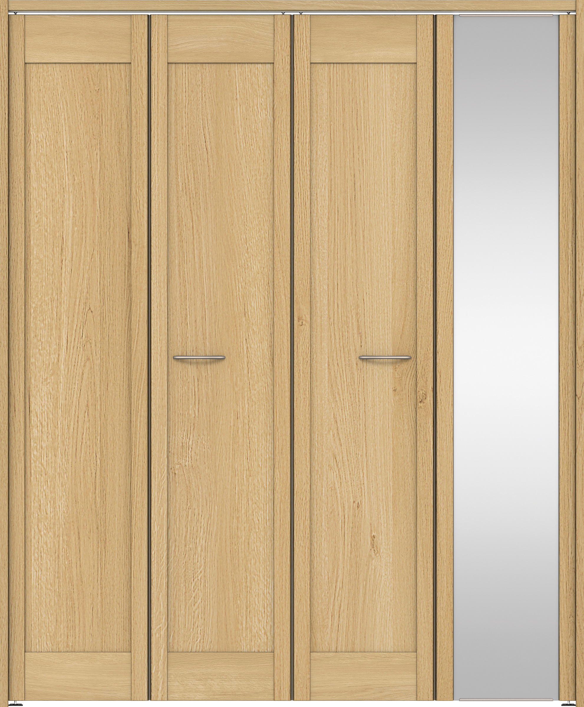 クローク収納　イエリア　折戸ユニット　カマチ　ミラー扉　下レールレス三方枠（固定枠）　セット　１６８０幅（６尺間口）　２０３５高　〈ライトオーカー柄〉　ハンドルラウンド型〈Ｔシルバー色〉　抗ウイルス