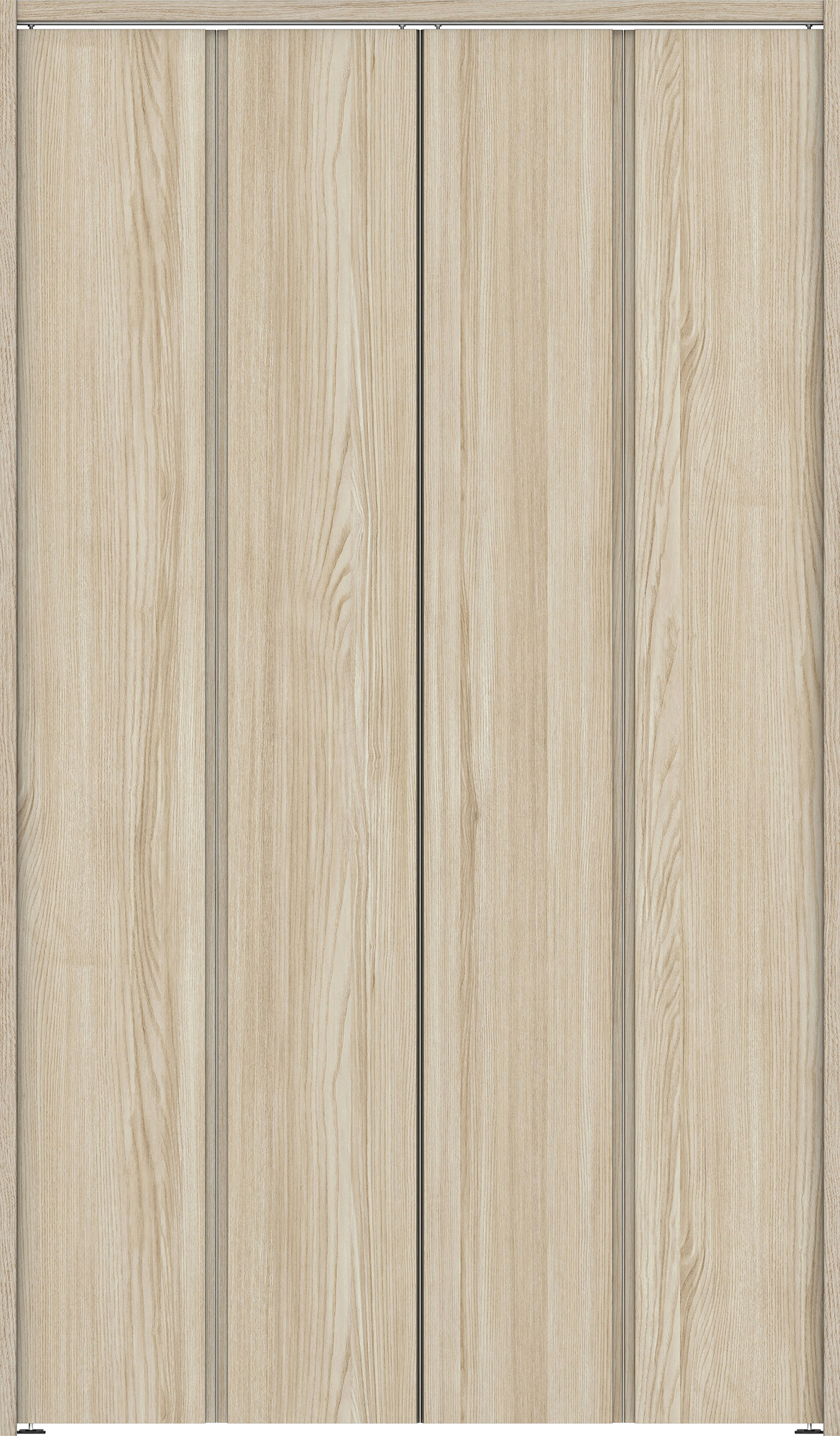 クローク収納　イエリア　折戸ユニット　ハンドルレス縦木目タイプ　ウッド扉　下レールレス三方枠（固定枠）　セット　１１９０幅（４．５尺間口）　２０３５高　〈ソフトグレージュ柄〉　ハンドルレス